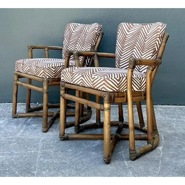 Hollywood Regency Style Faux-Bamboo Upholstered Armchairs, Pair thumbnail 4