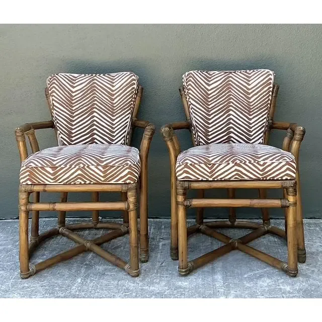 Hollywood Regency Style Faux-Bamboo Upholstered Armchairs, Pair thumbnail 5