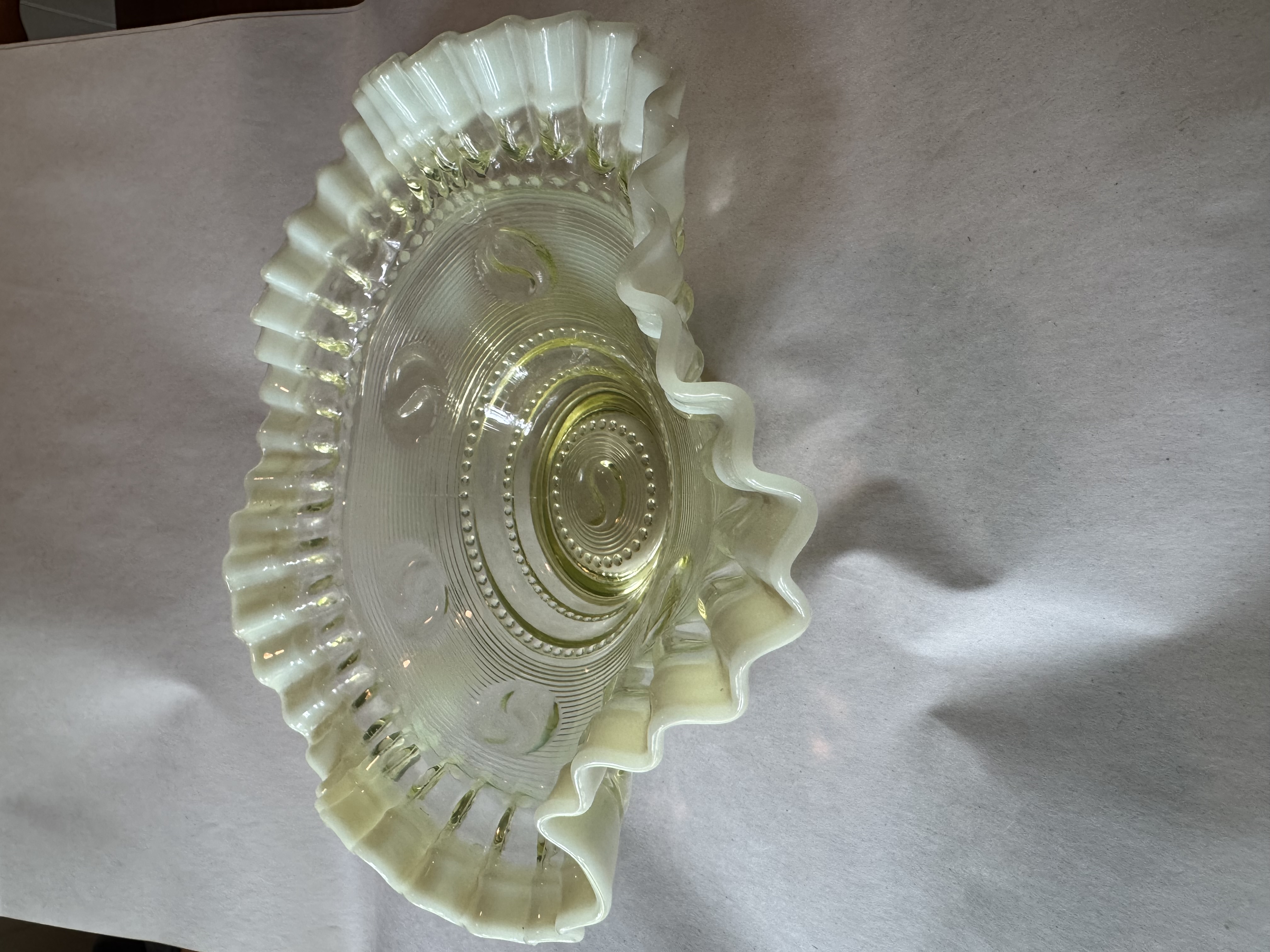 Victorian Opalescent Uranium Glass Ruffled Bowl
