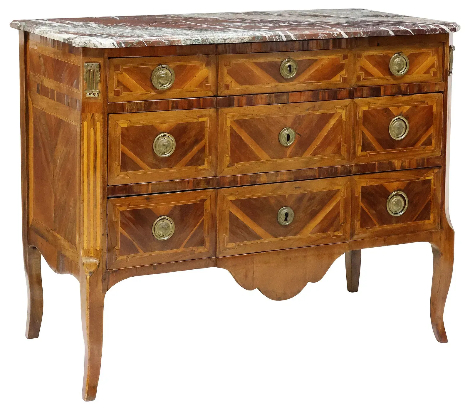 French Louis XVI Period Marquetry Walnut Commode with Marble Top