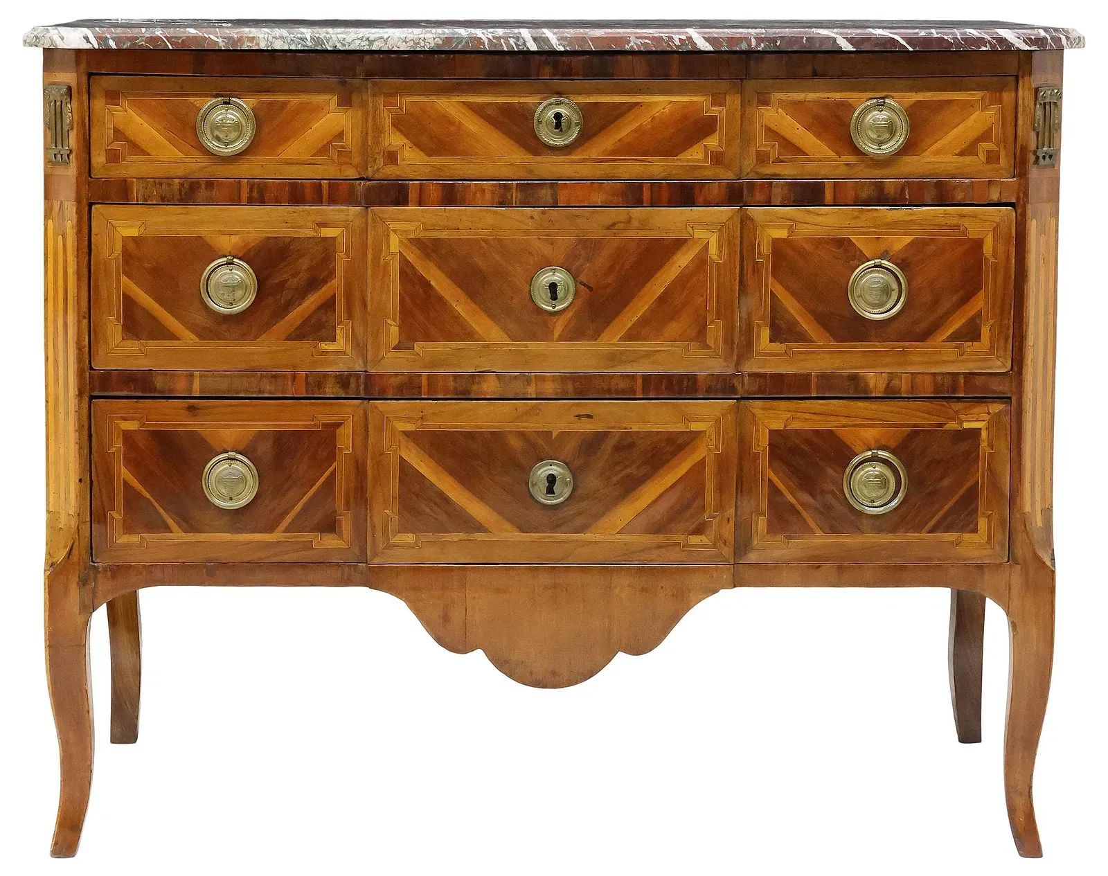 French Louis XVI Period Marquetry Walnut Commode with Marble Top thumbnail 2