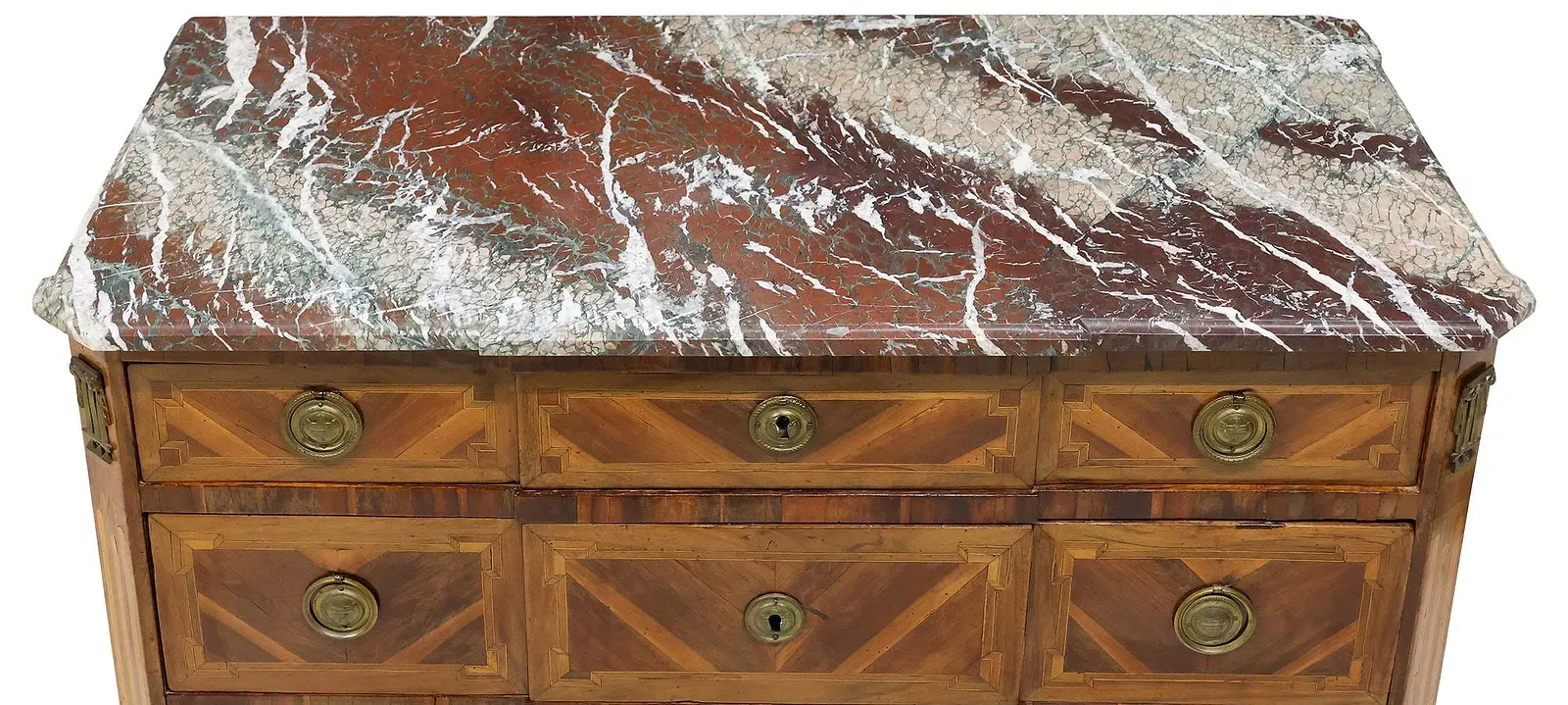 French Louis XVI Period Marquetry Walnut Commode with Marble Top thumbnail 3