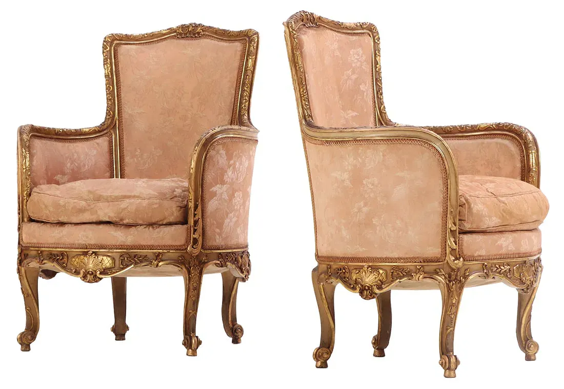 French Louis XV Style Giltwood Bergère Armchairs