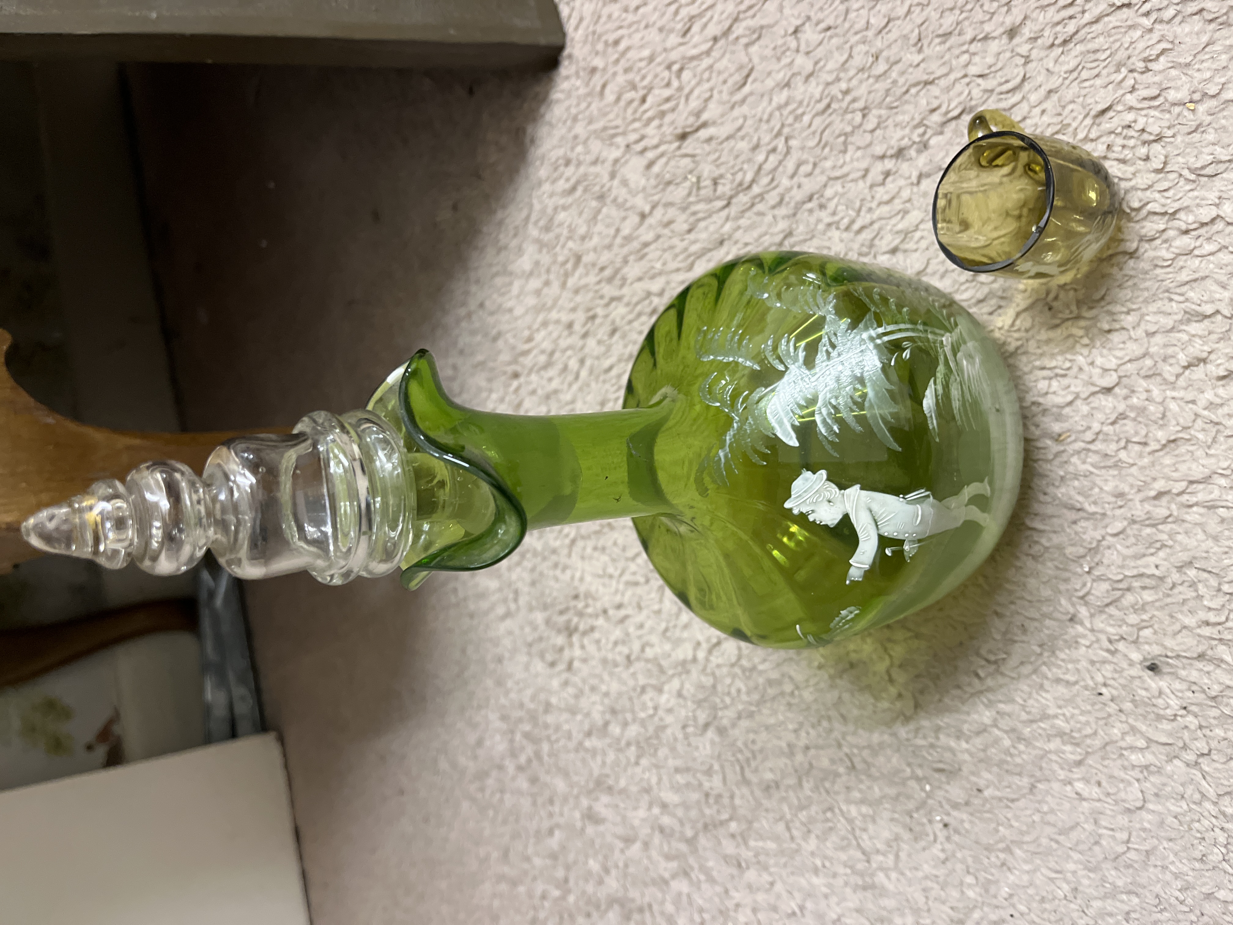 Victorian Mary Gregory Style Uranium Glass Decanter with Stopper