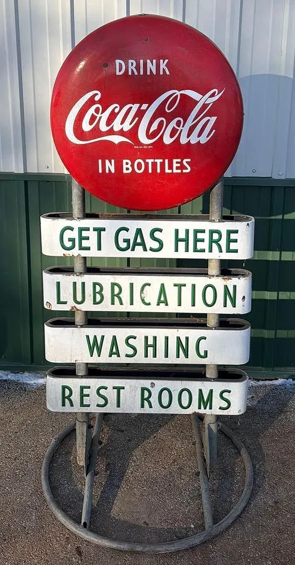 American Mid-Century Coca-Cola Porcelain and Metal Gas Station Service Sign