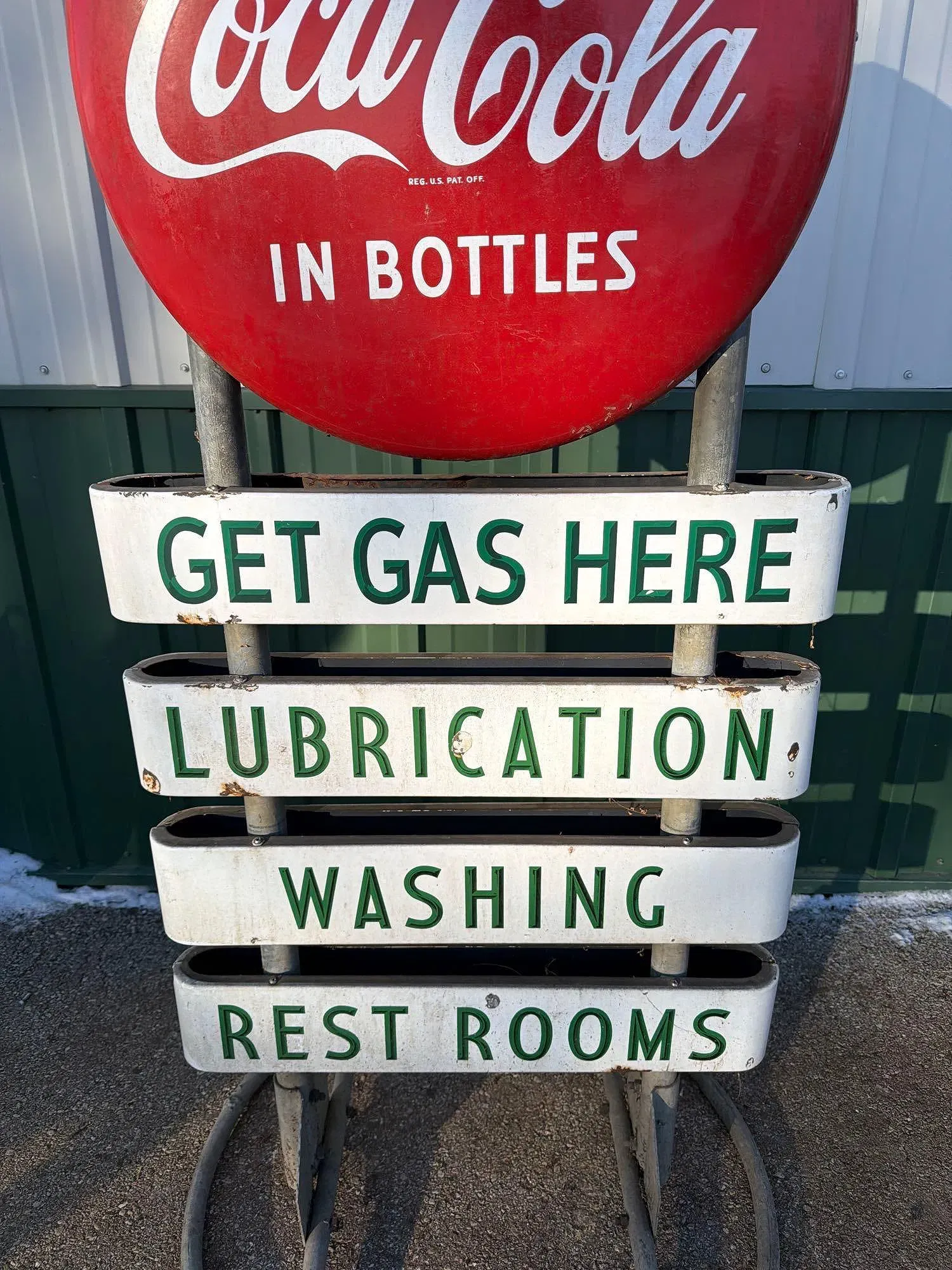 American Mid-Century Coca-Cola Porcelain and Metal Gas Station Service Sign thumbnail 2