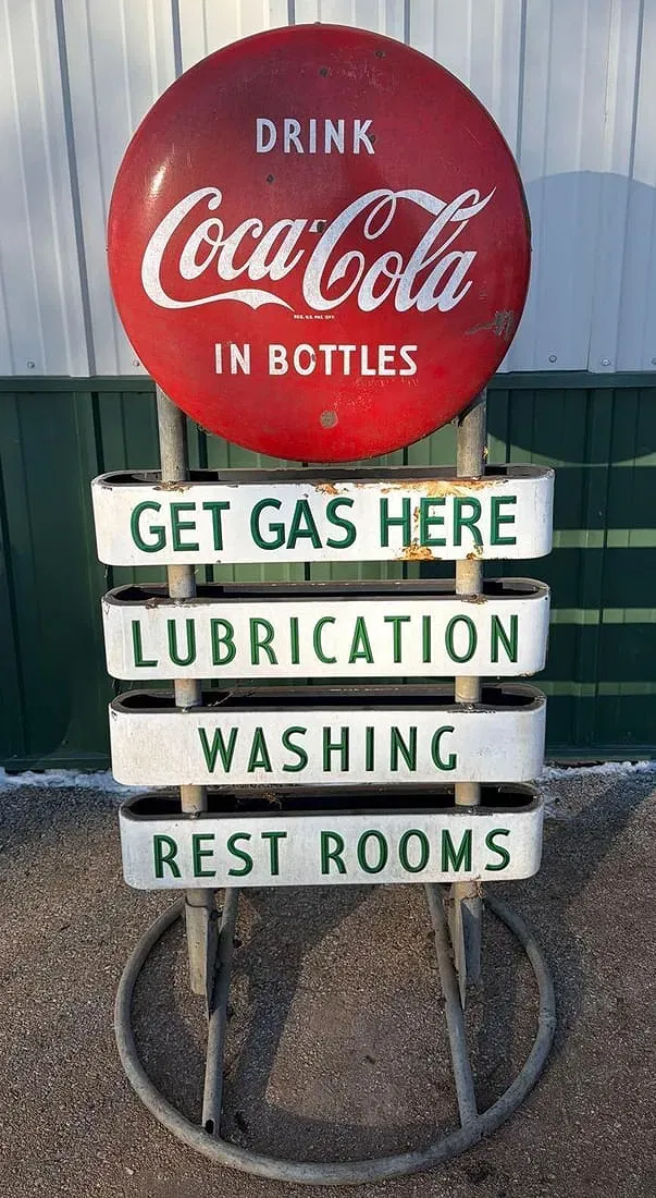 American Mid-Century Coca-Cola Porcelain and Metal Gas Station Service Sign thumbnail 3