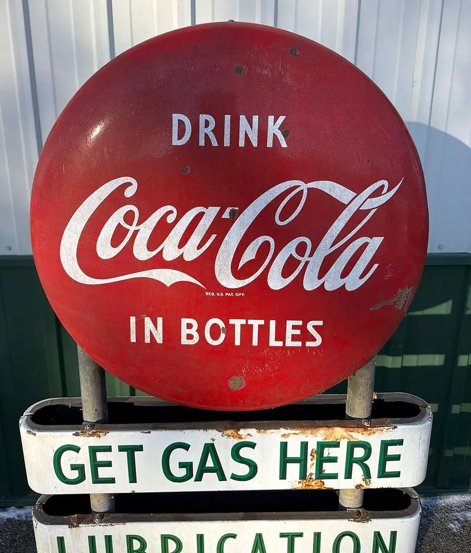 American Mid-Century Coca-Cola Porcelain and Metal Gas Station Service Sign thumbnail 4