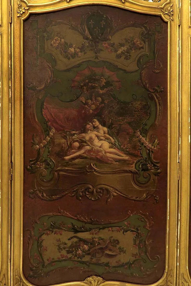 French Louis XV Style Giltwood Three-Fold Painted Rococo Screen thumbnail 4