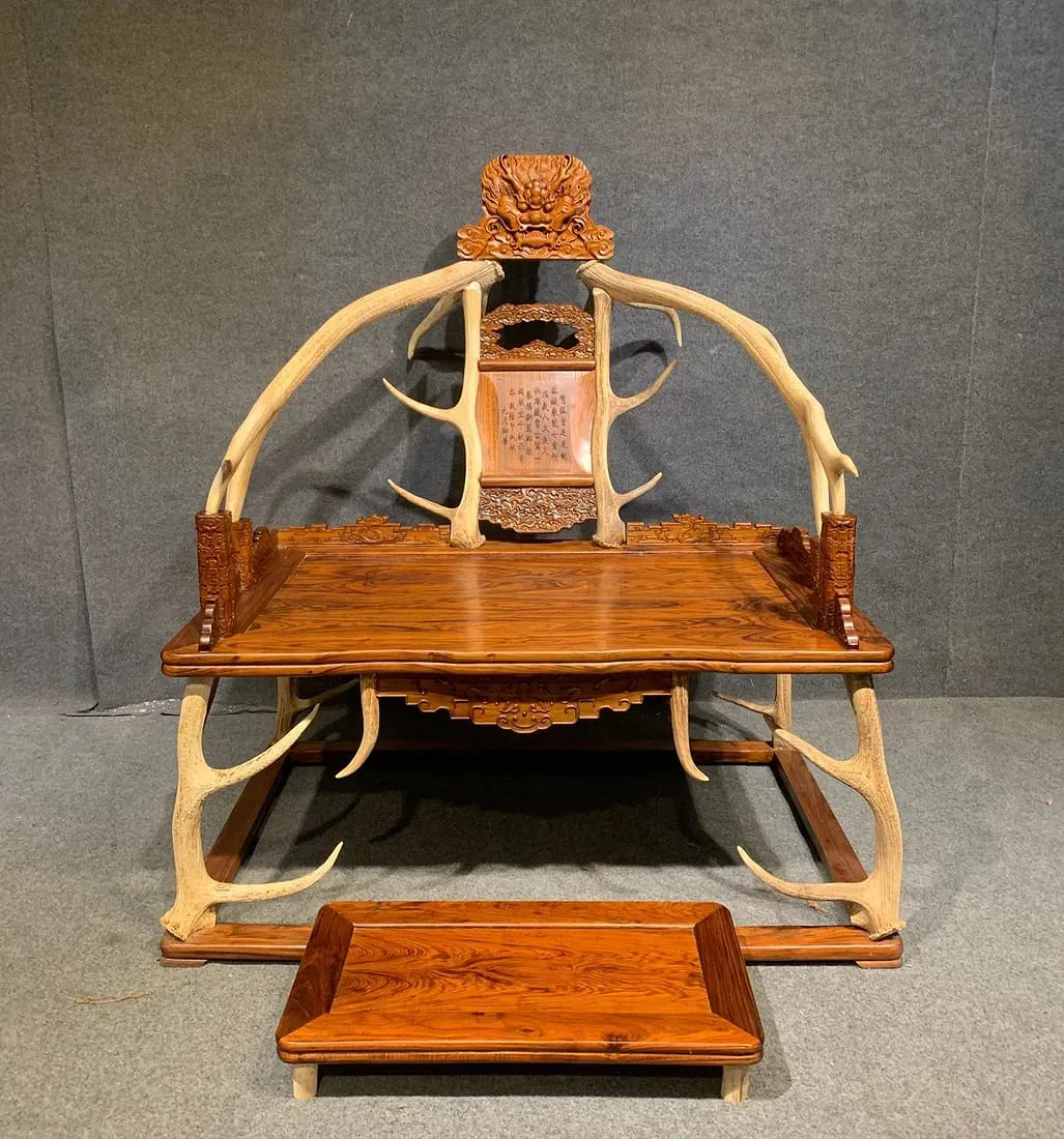 Contemporary Chinese Hardwood and Stag Antler Carved Throne with Dragon Head Crest