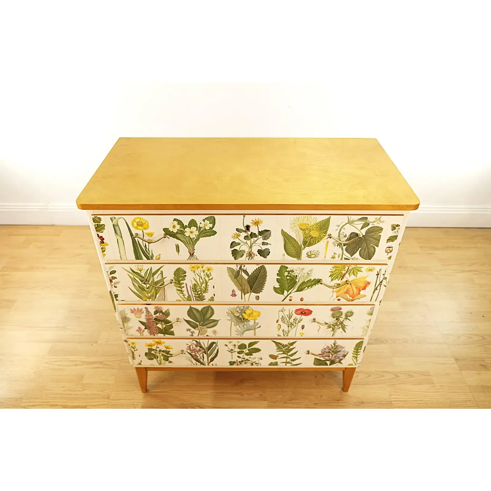 Scandinavian Modern Botanical Decoupage Pine Chest of Drawers
