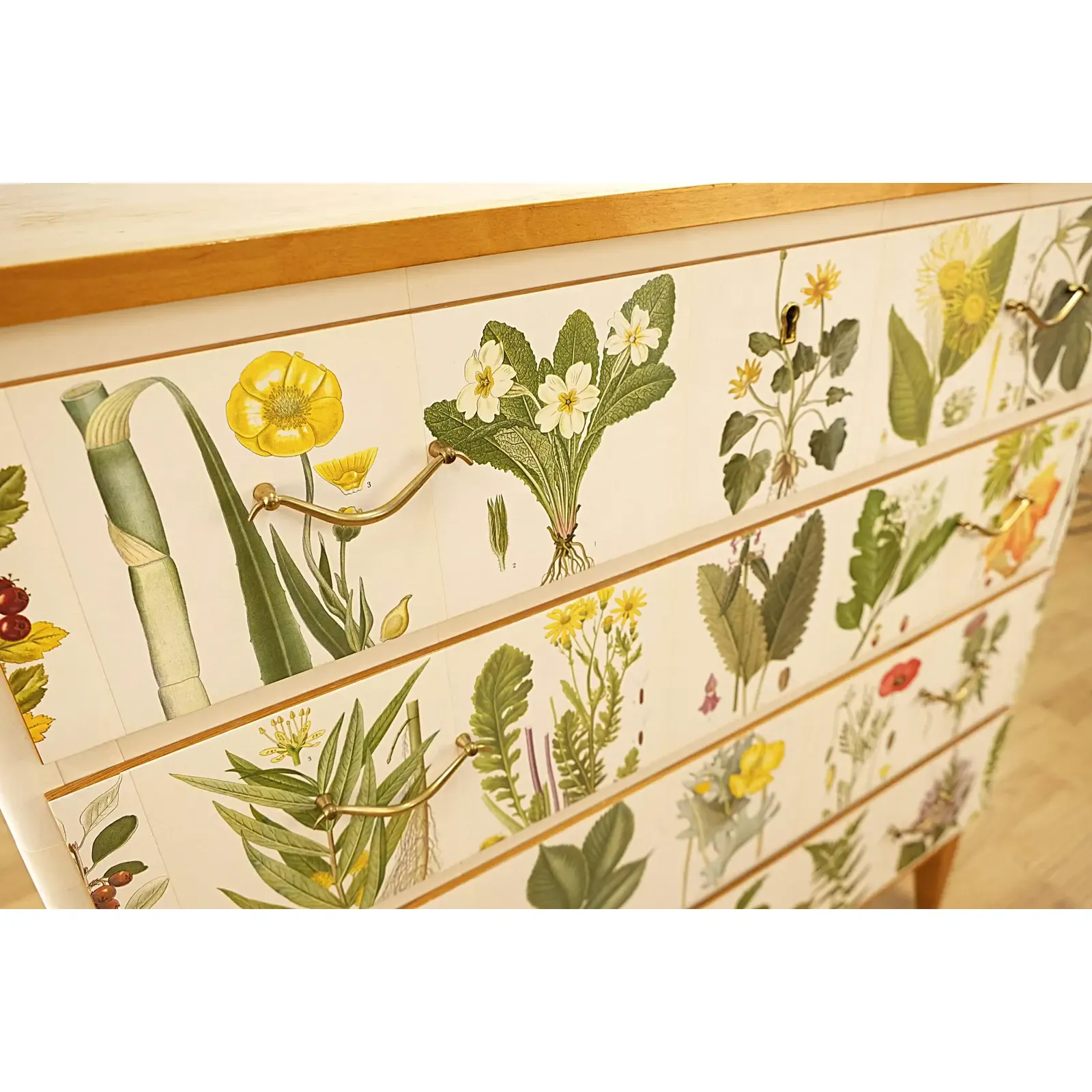 Scandinavian Modern Botanical Decoupage Pine Chest of Drawers thumbnail 3