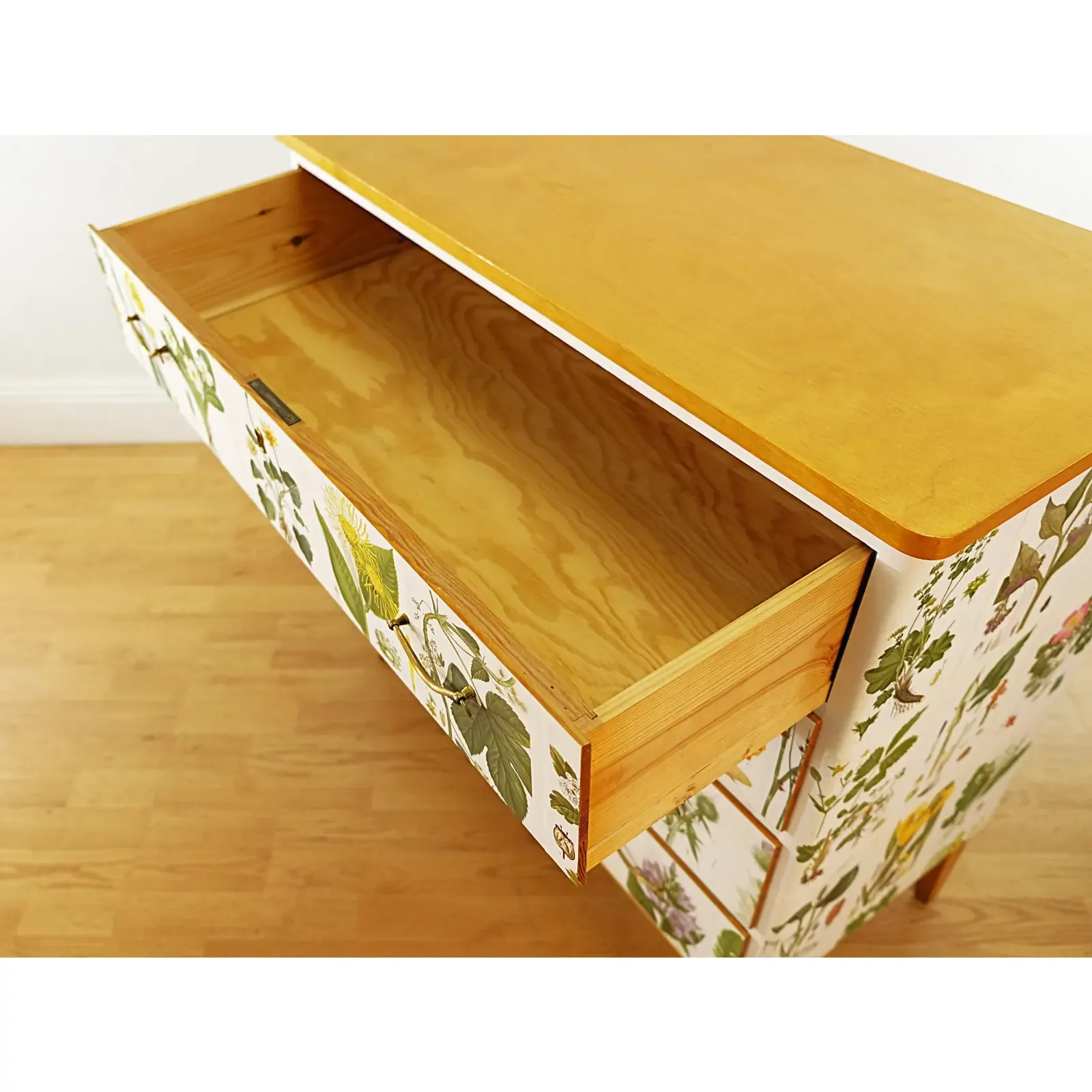 Scandinavian Modern Botanical Decoupage Pine Chest of Drawers thumbnail 4