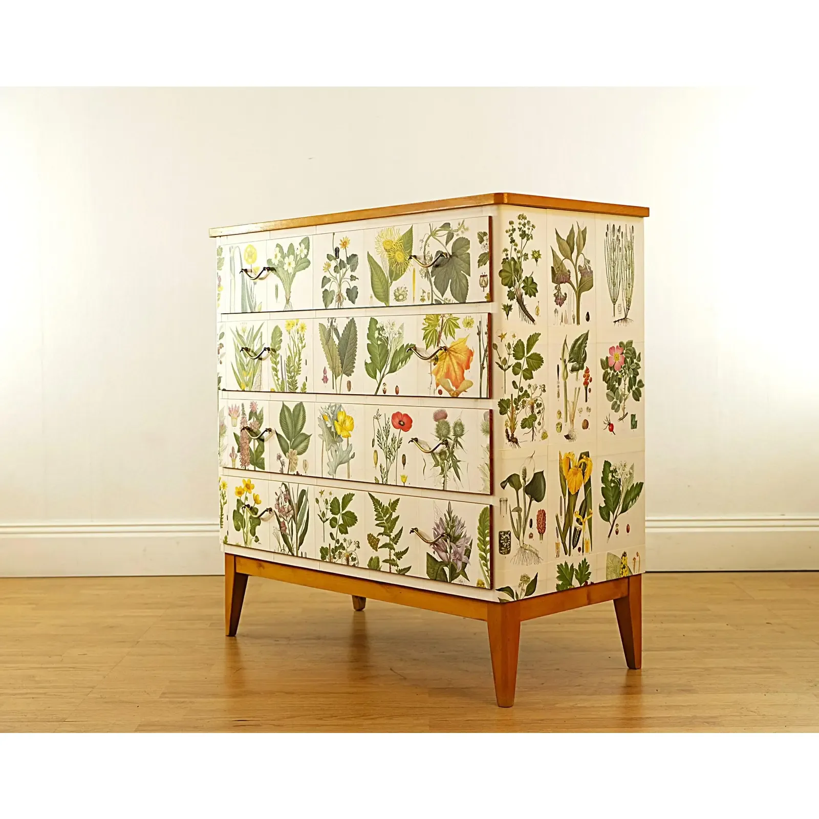Scandinavian Modern Botanical Decoupage Pine Chest of Drawers thumbnail 5