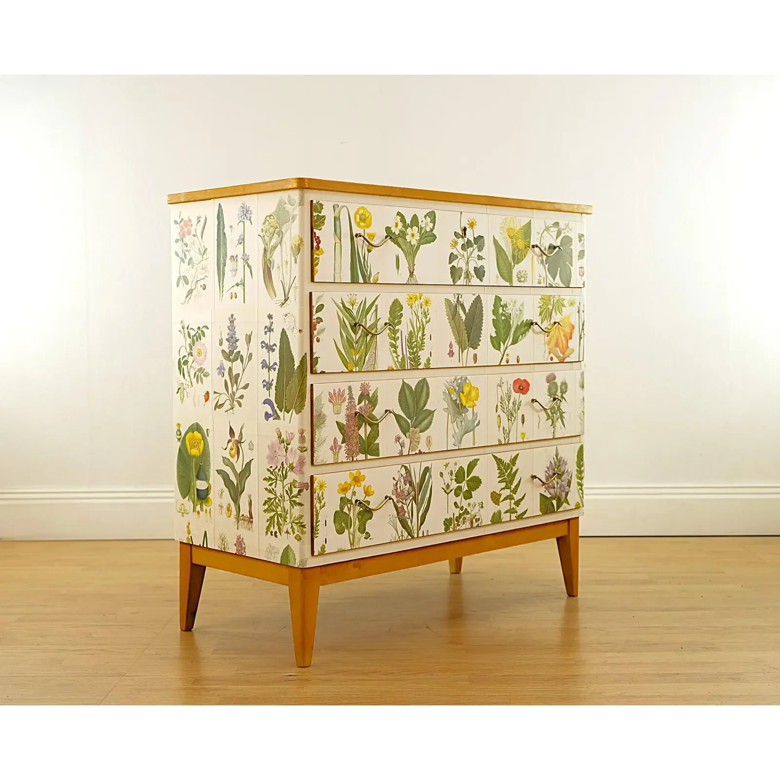 Scandinavian Modern Botanical Decoupage Pine Chest of Drawers thumbnail 7
