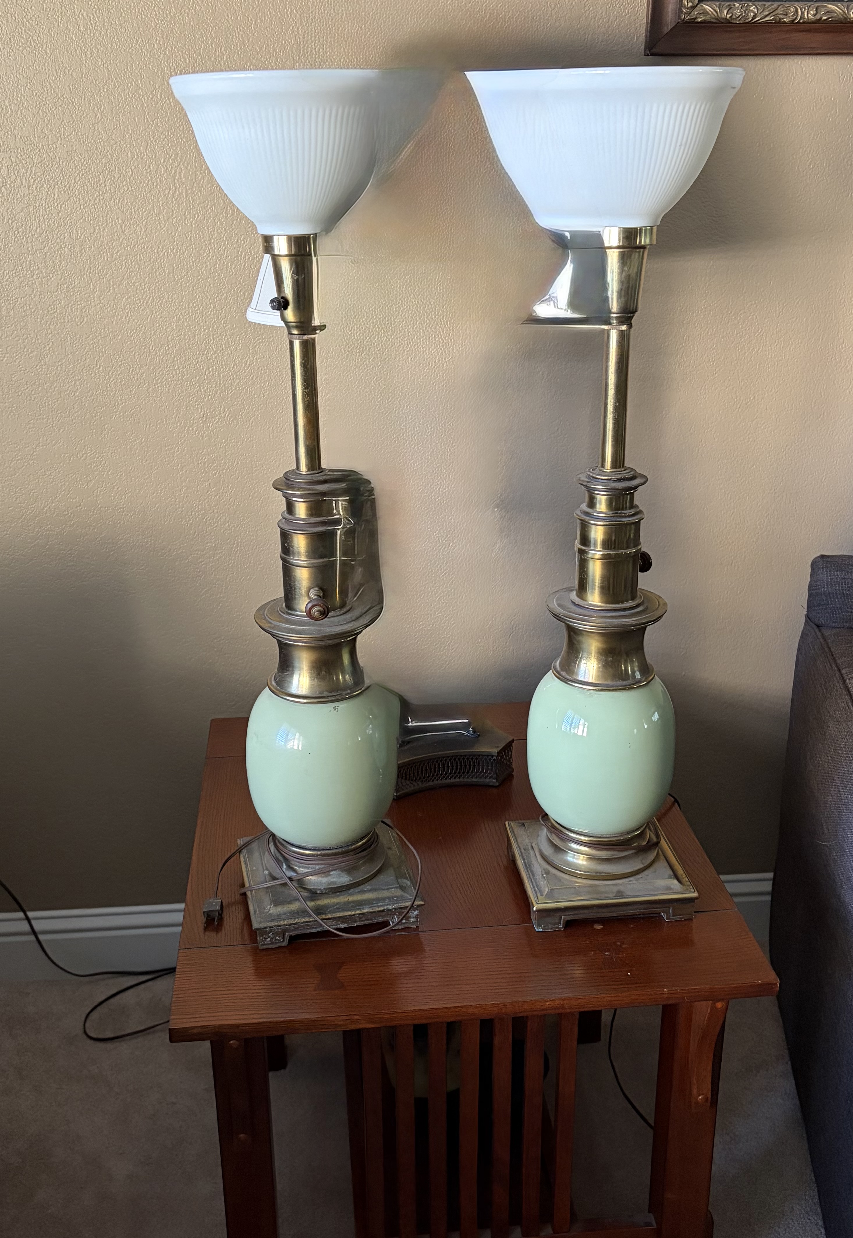 Pair of American Art Deco Ceramic and Brass Table Lamps
