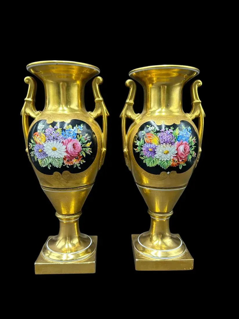 French Empire Period Dagoty Paris Gilt Porcelain Vases (Pair)