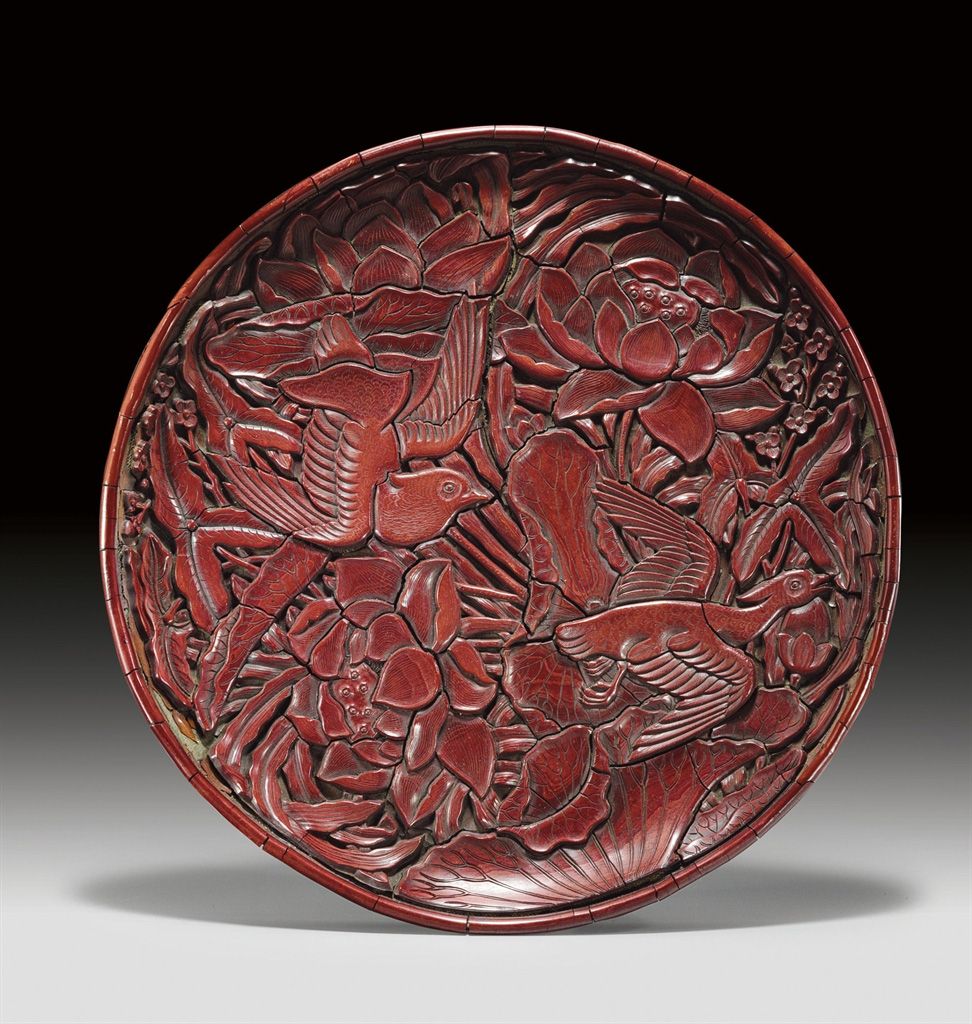 Ming Dynasty Carved Red Cinnabar Lacquer Dish with Lotus and Ducks