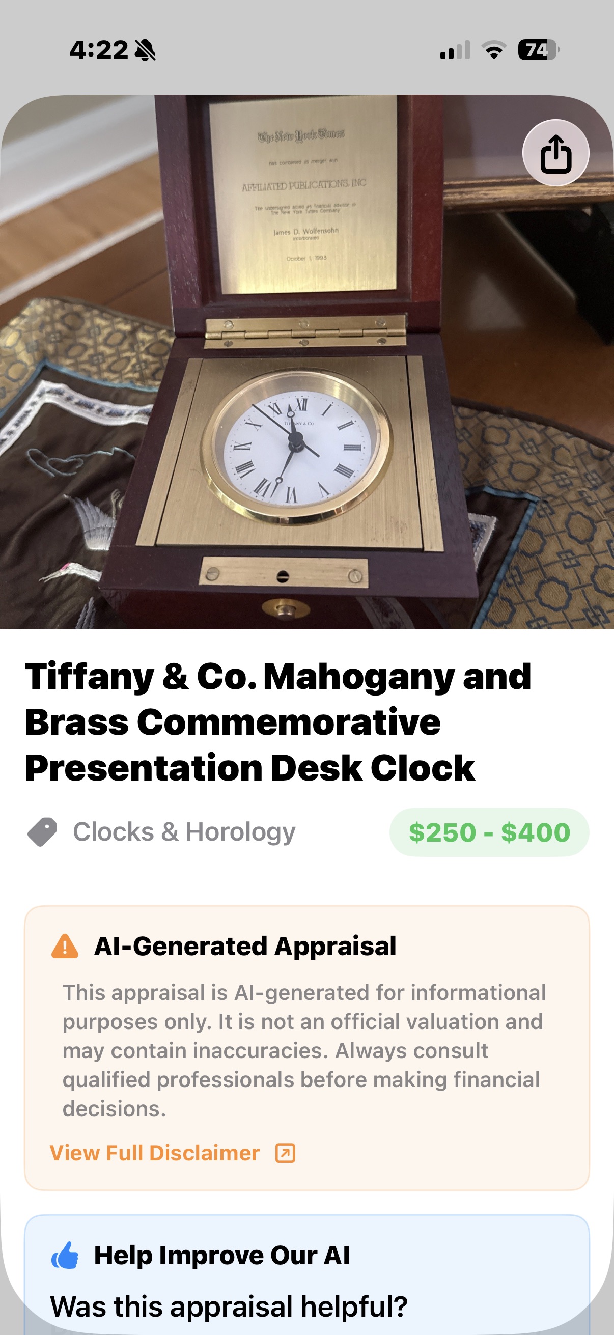 Tiffany & Co. Mahogany and Brass Presentation Desk Clock