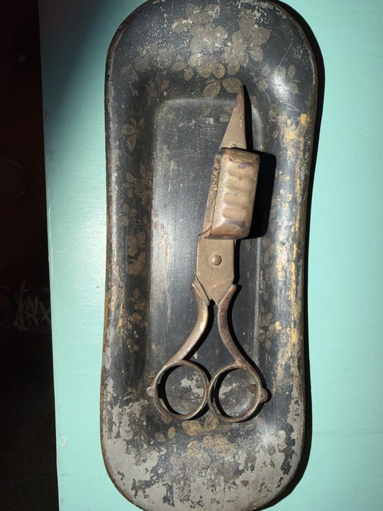 Late 18th to Early 19th Century Toleware Snuffer Tray with Iron Wick Trimmer