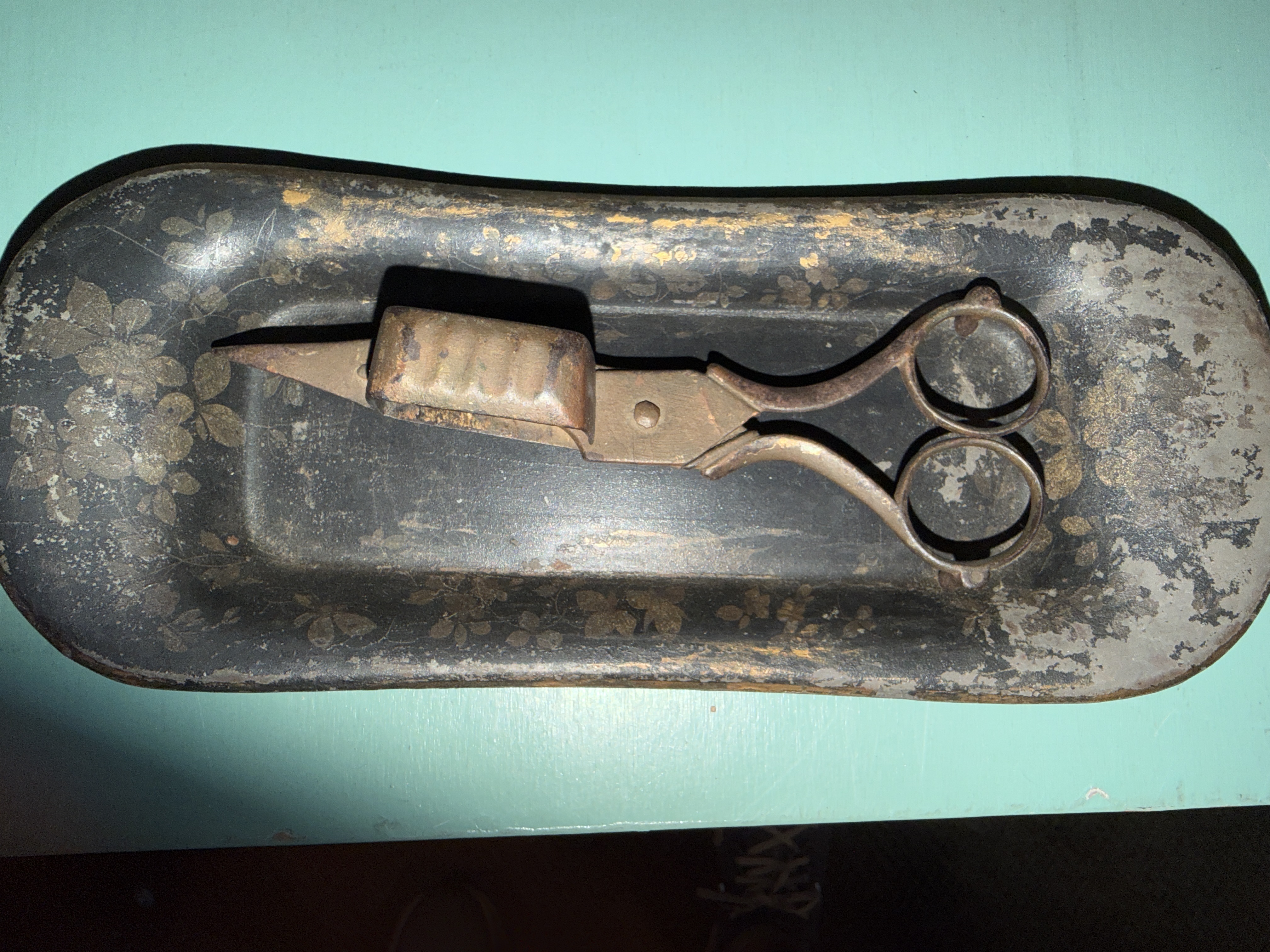 Late 18th to Early 19th Century Toleware Snuffer Tray with Iron Wick Trimmer