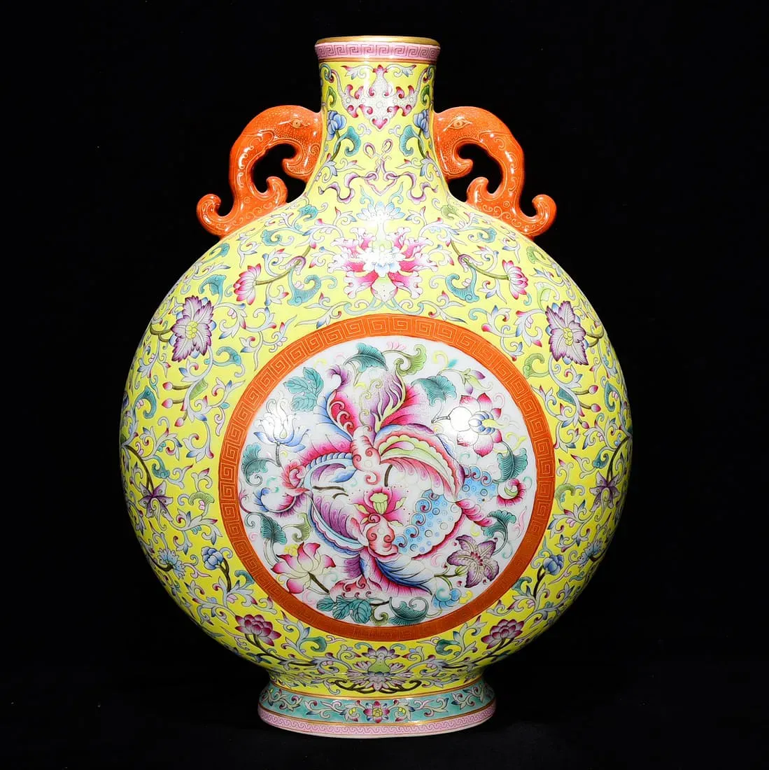 Chinese Qing Style Famille Rose Yellow-Ground Double-Handled Moon Flask