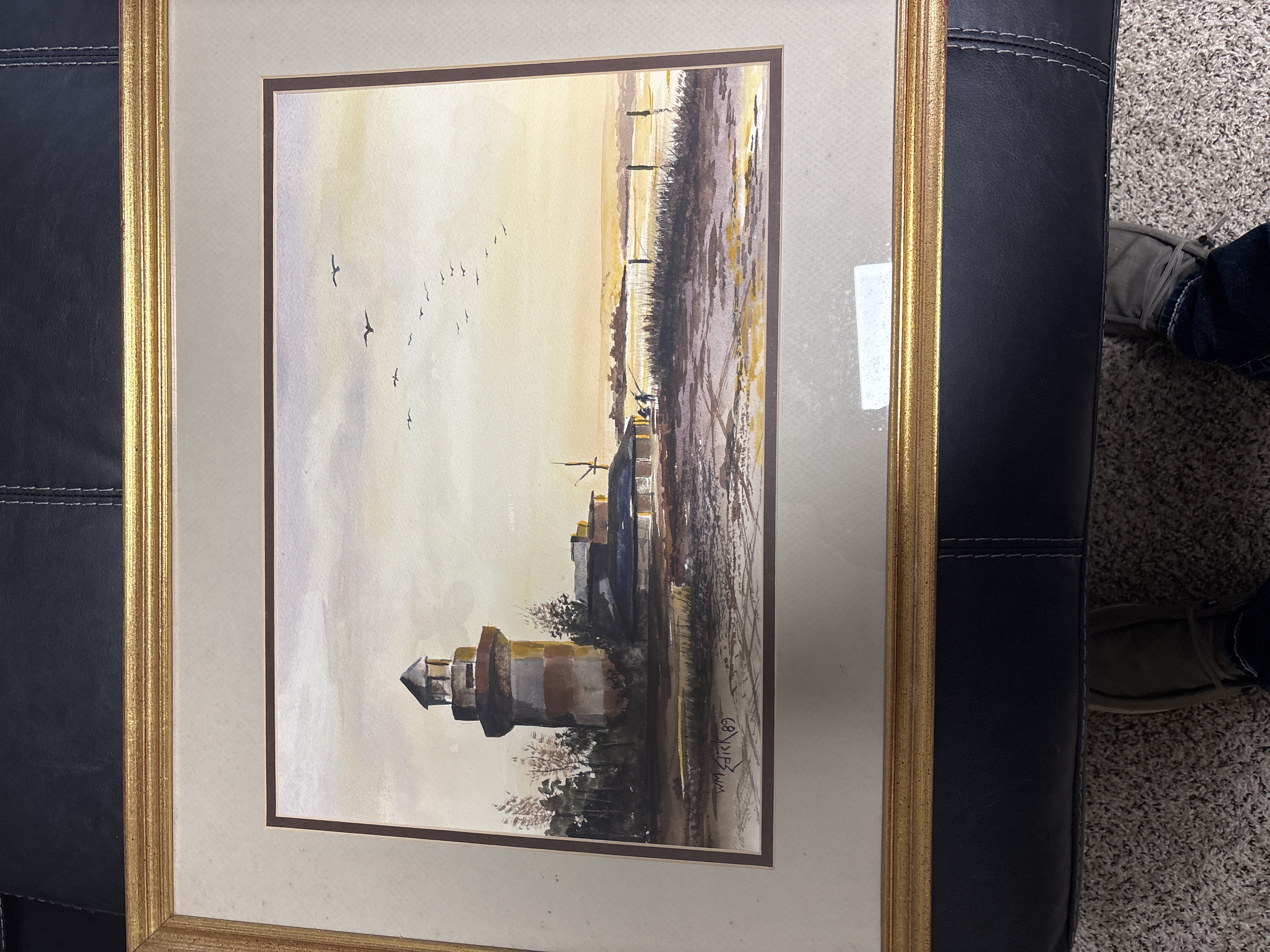 Framed Watercolor Lighthouse Painting