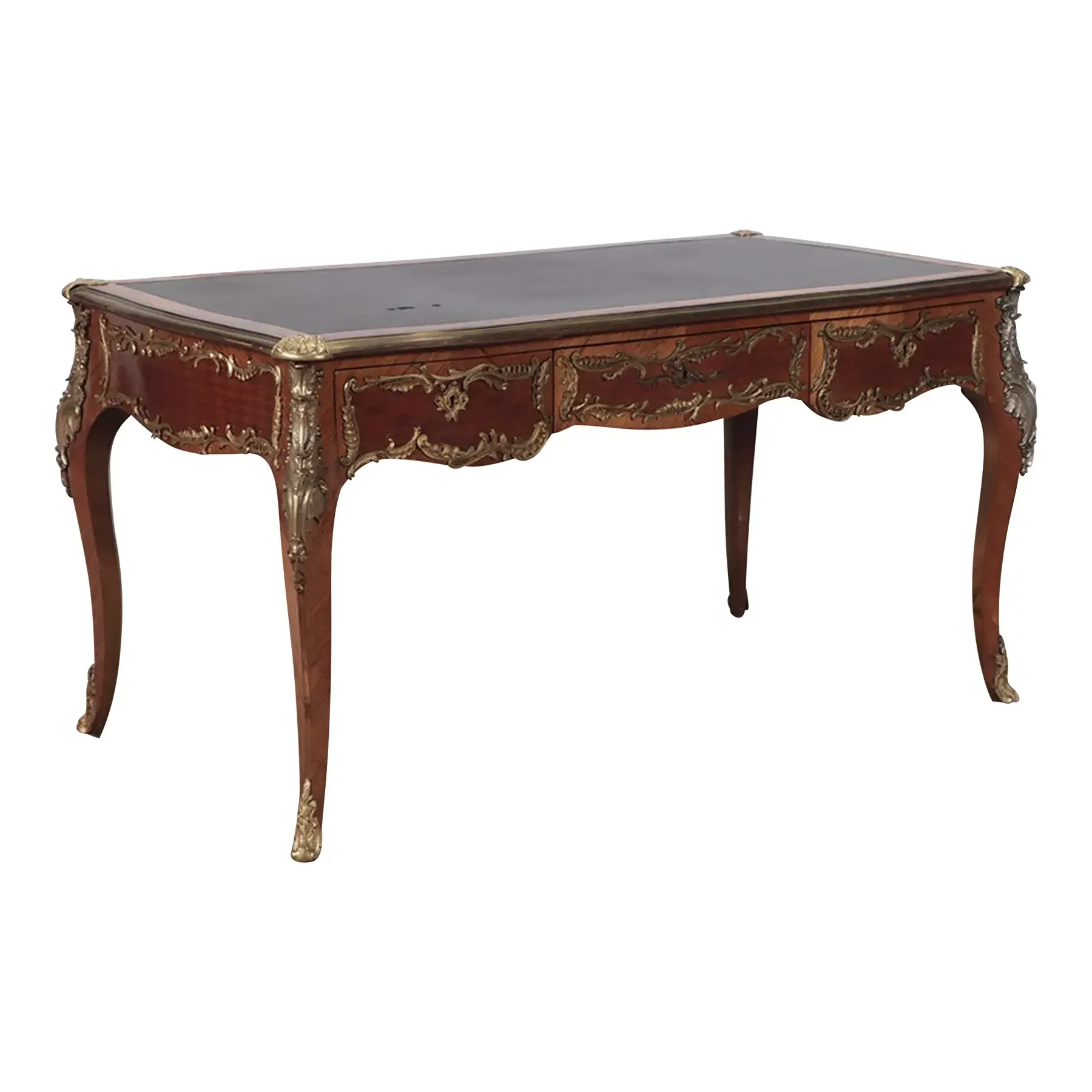 French Louis XV Style Ormolu-Mounted Kingwood Parquetry Writing Desk (Bureau Plat) with Black Leather Top