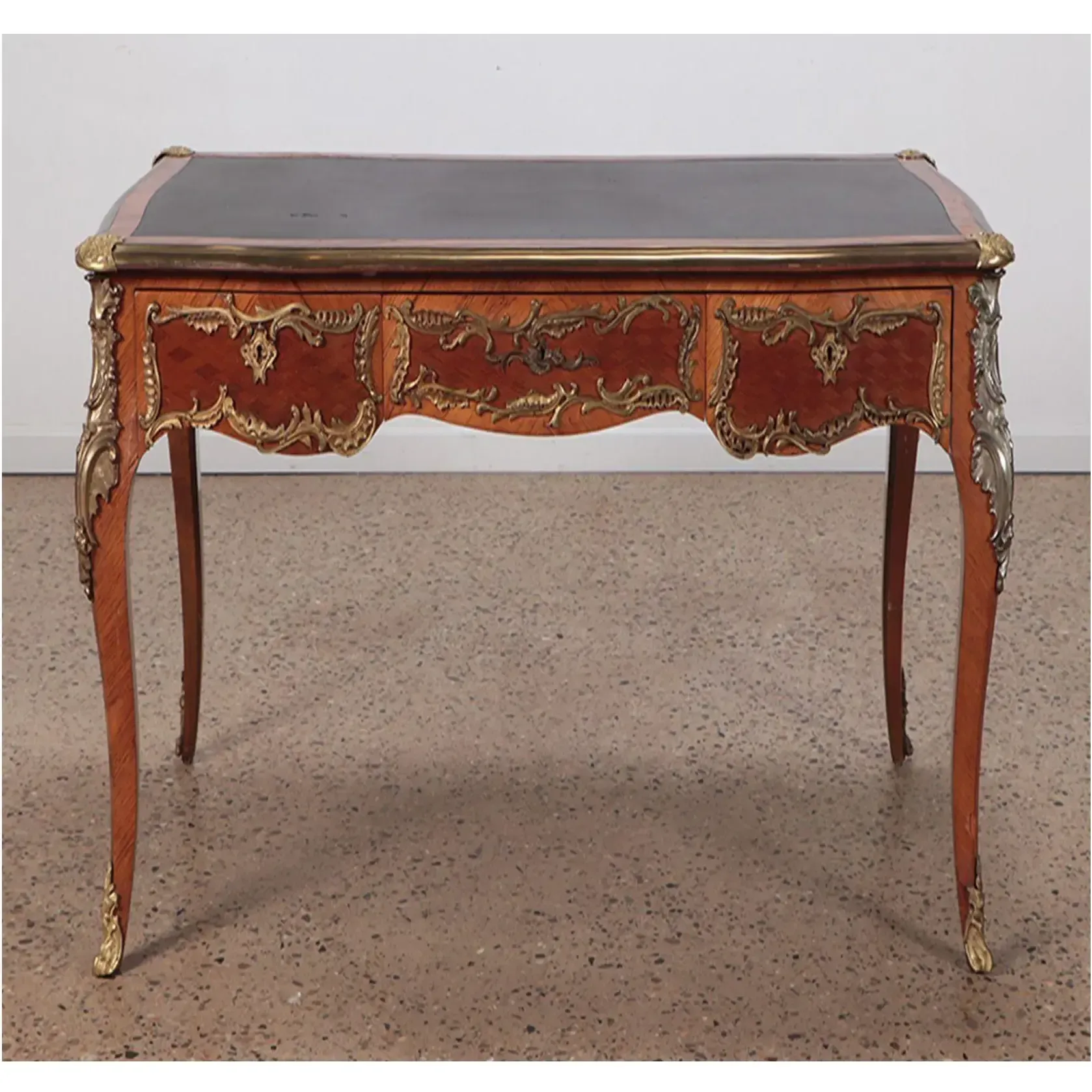 French Louis XV Style Ormolu-Mounted Kingwood Parquetry Writing Desk (Bureau Plat) with Black Leather Top thumbnail 2