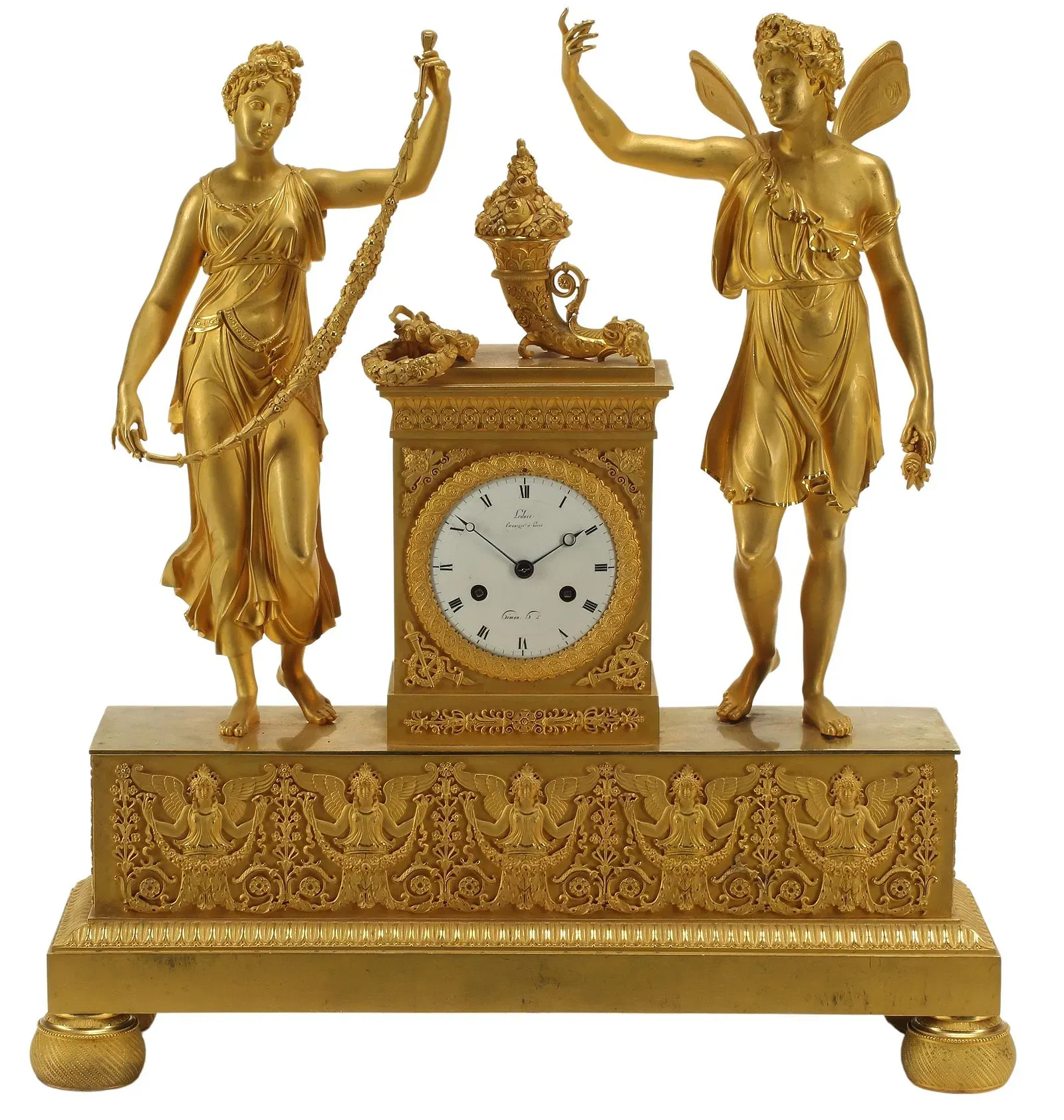 French Empire Period Gilt Bronze Figural Mantel Clock