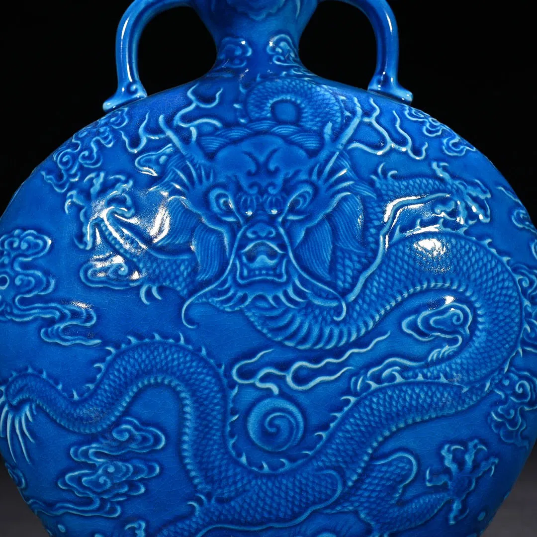 Qing Dynasty Style Blue Glazed Dragon Moon Flask thumbnail 5