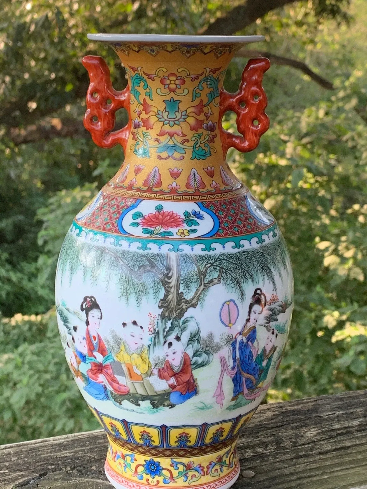 Chinese Famille Rose Style Porcelain Twin-Handled Baluster Vase