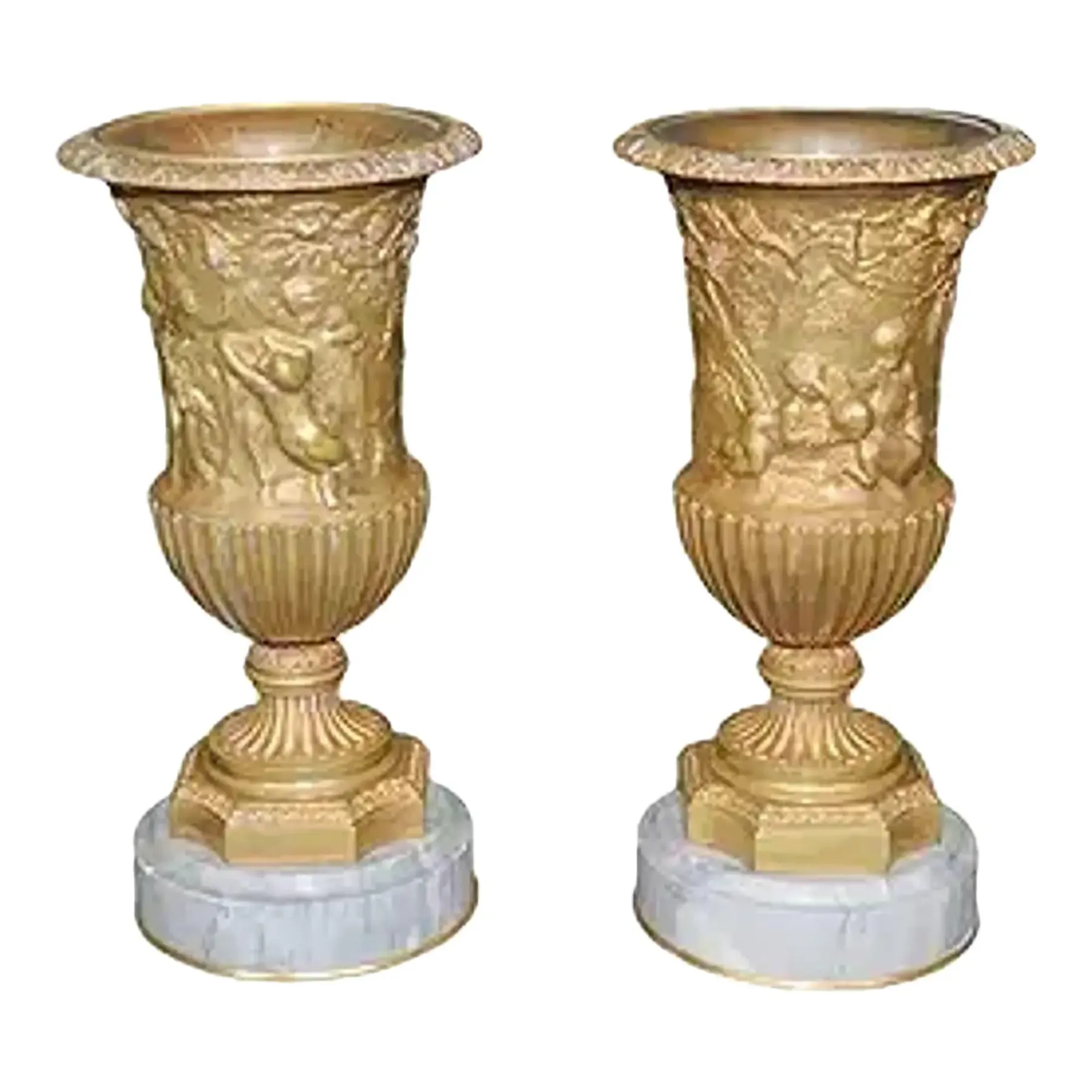 French Empire Style Gilt Spelter Campana Urns on White Marble Bases (Pair)