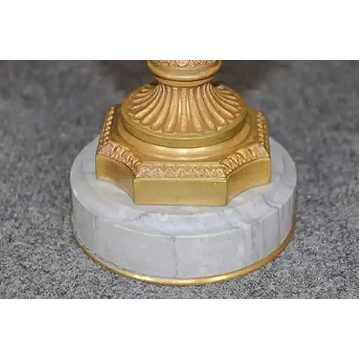 French Empire Style Gilt Spelter Campana Urns on White Marble Bases (Pair) thumbnail 2