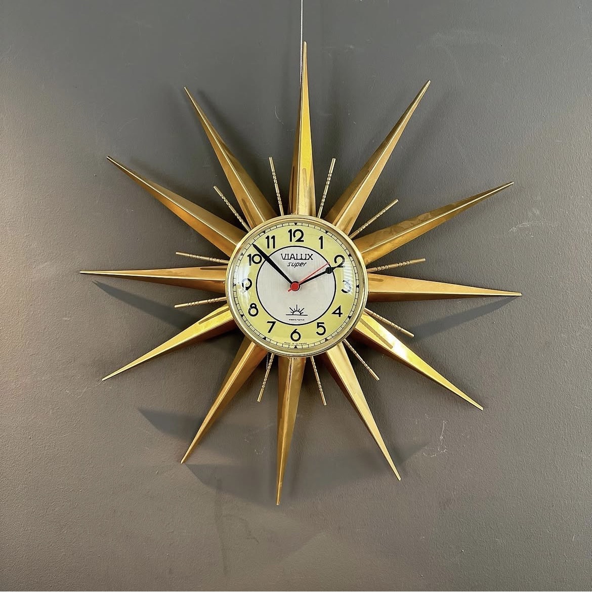 Mid-Century Modern Vialux 'Super' Brass Sunburst Wall Clock