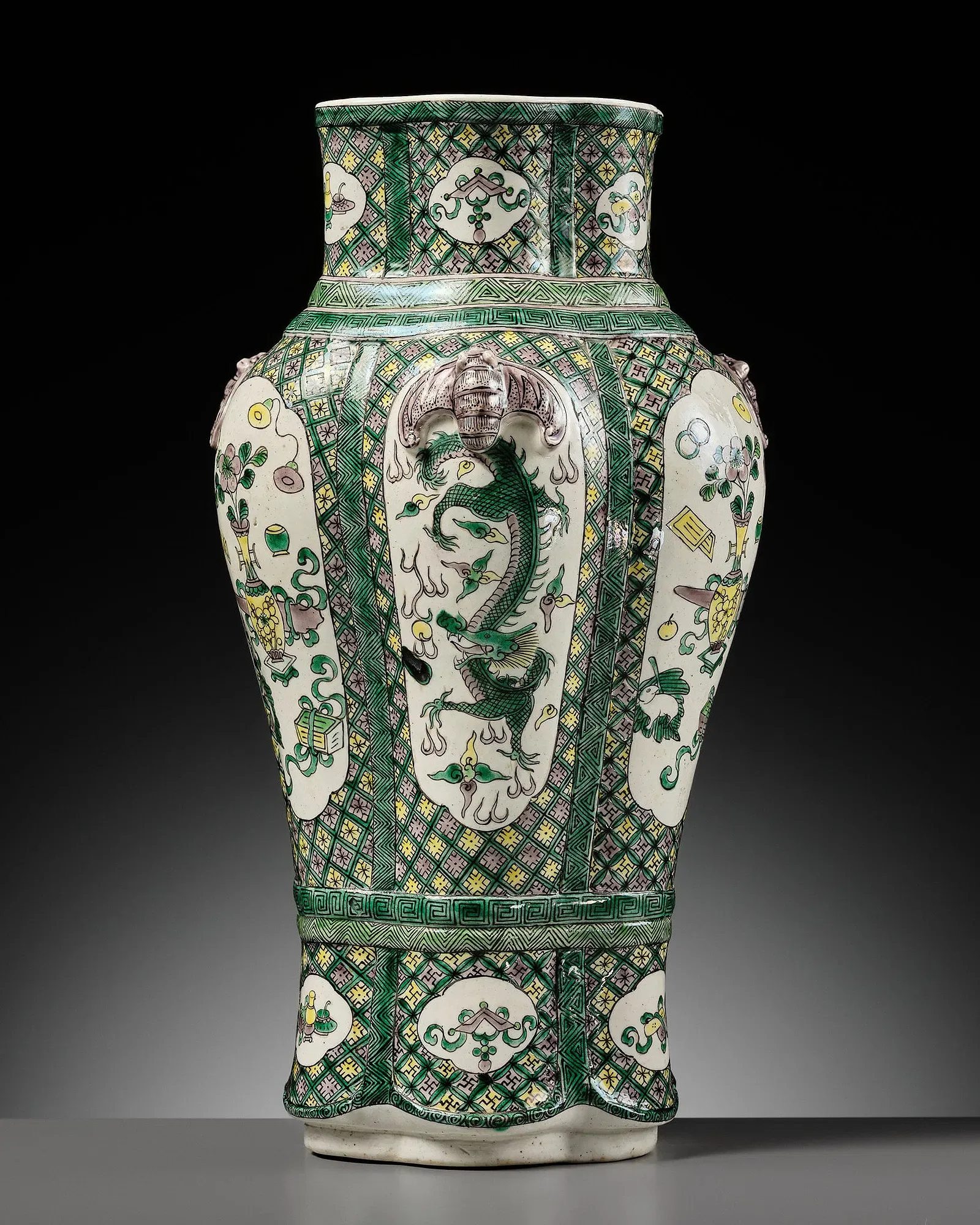 Qing Style Famille Verte Porcelain Dragon Vase with Elephant-Head Handles