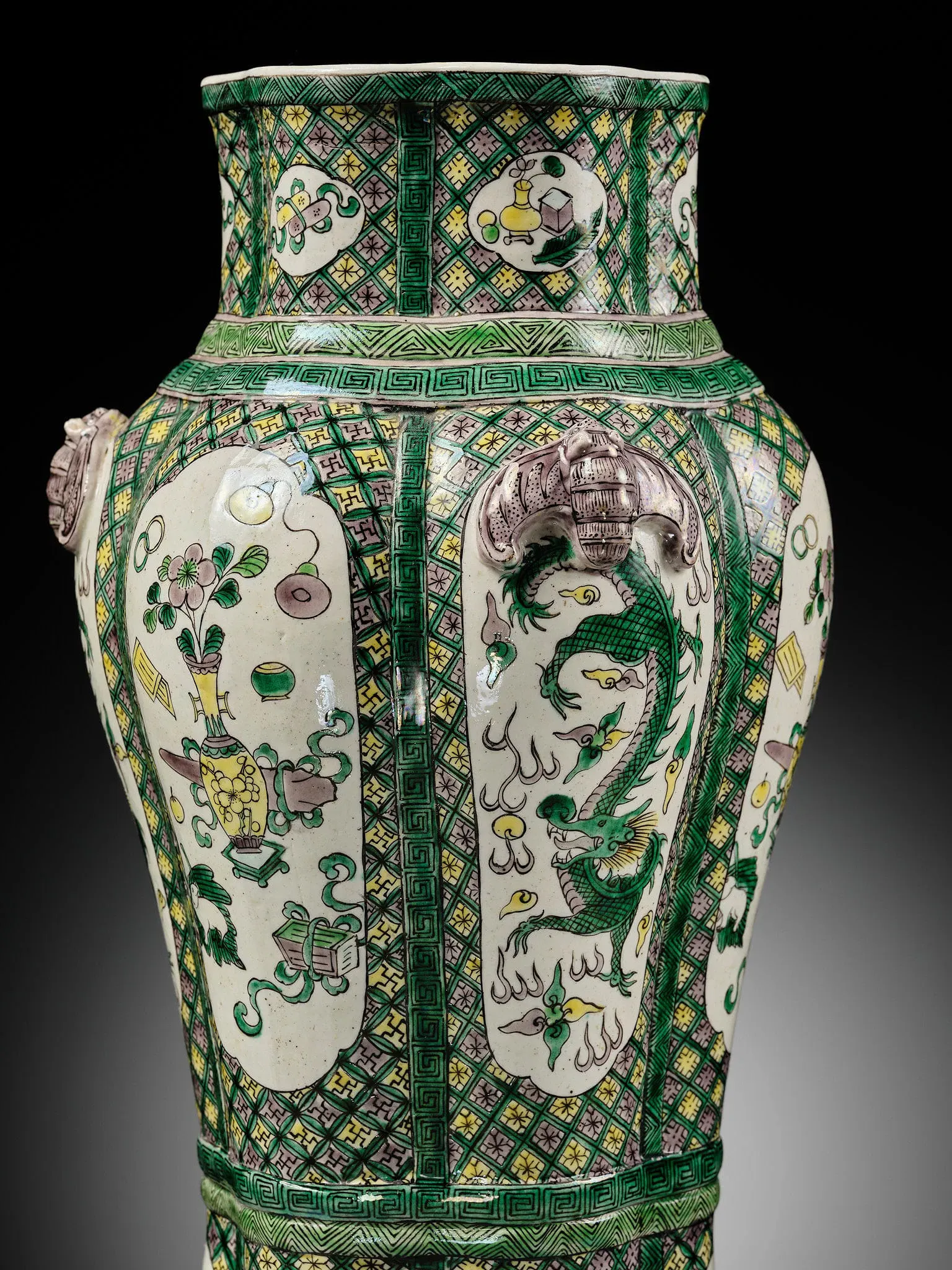 Qing Style Famille Verte Porcelain Dragon Vase with Elephant-Head Handles thumbnail 2