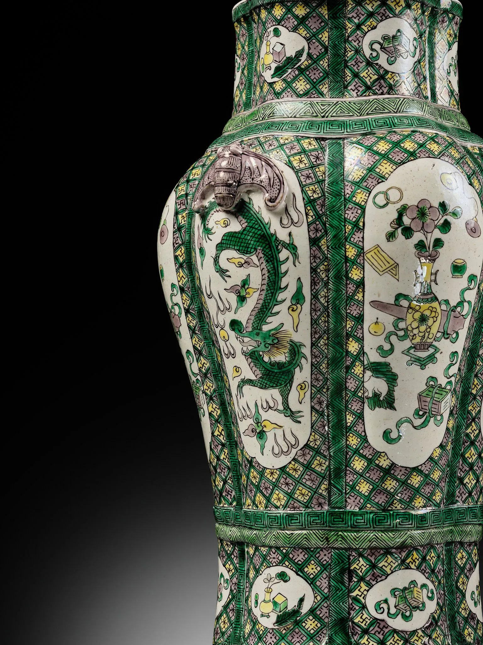 Qing Style Famille Verte Porcelain Dragon Vase with Elephant-Head Handles thumbnail 4