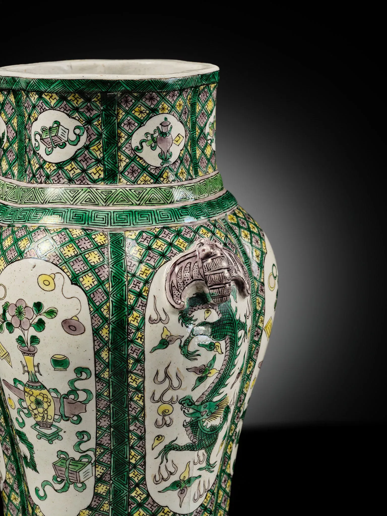 Qing Style Famille Verte Porcelain Dragon Vase with Elephant-Head Handles thumbnail 5