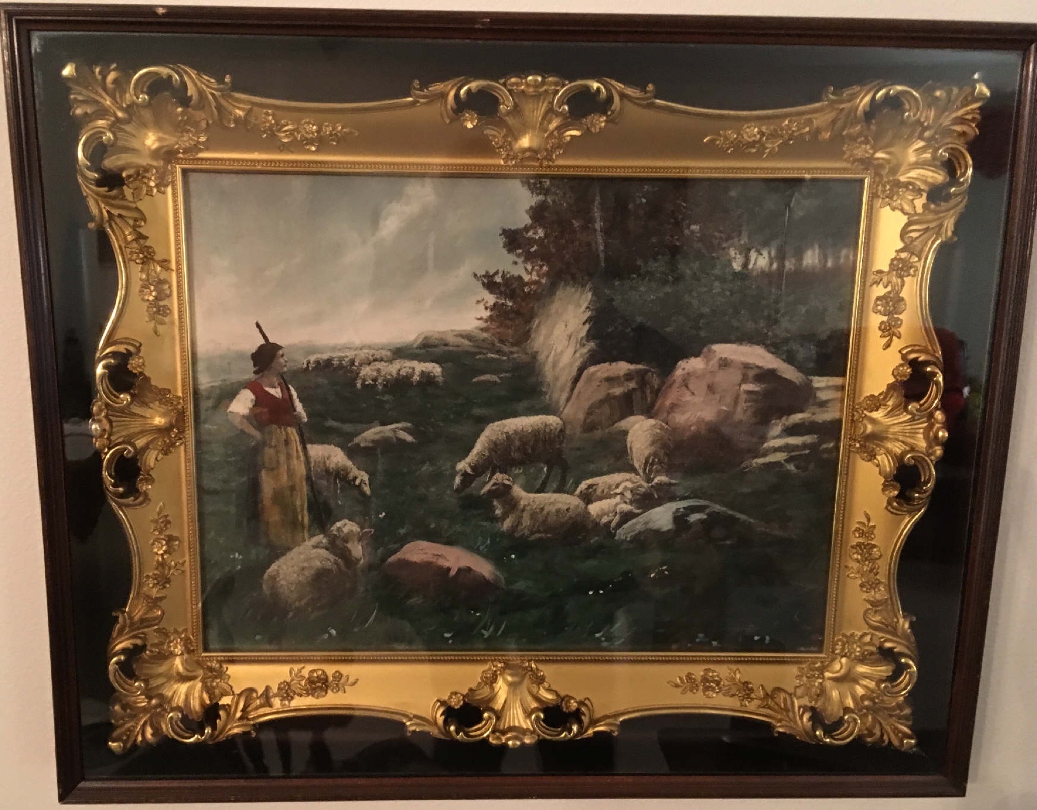 Central European Rococo Revival Verre Églomisé and Gilt‑Gesso Framed Chromolithograph, “Shepherdess with Flock”