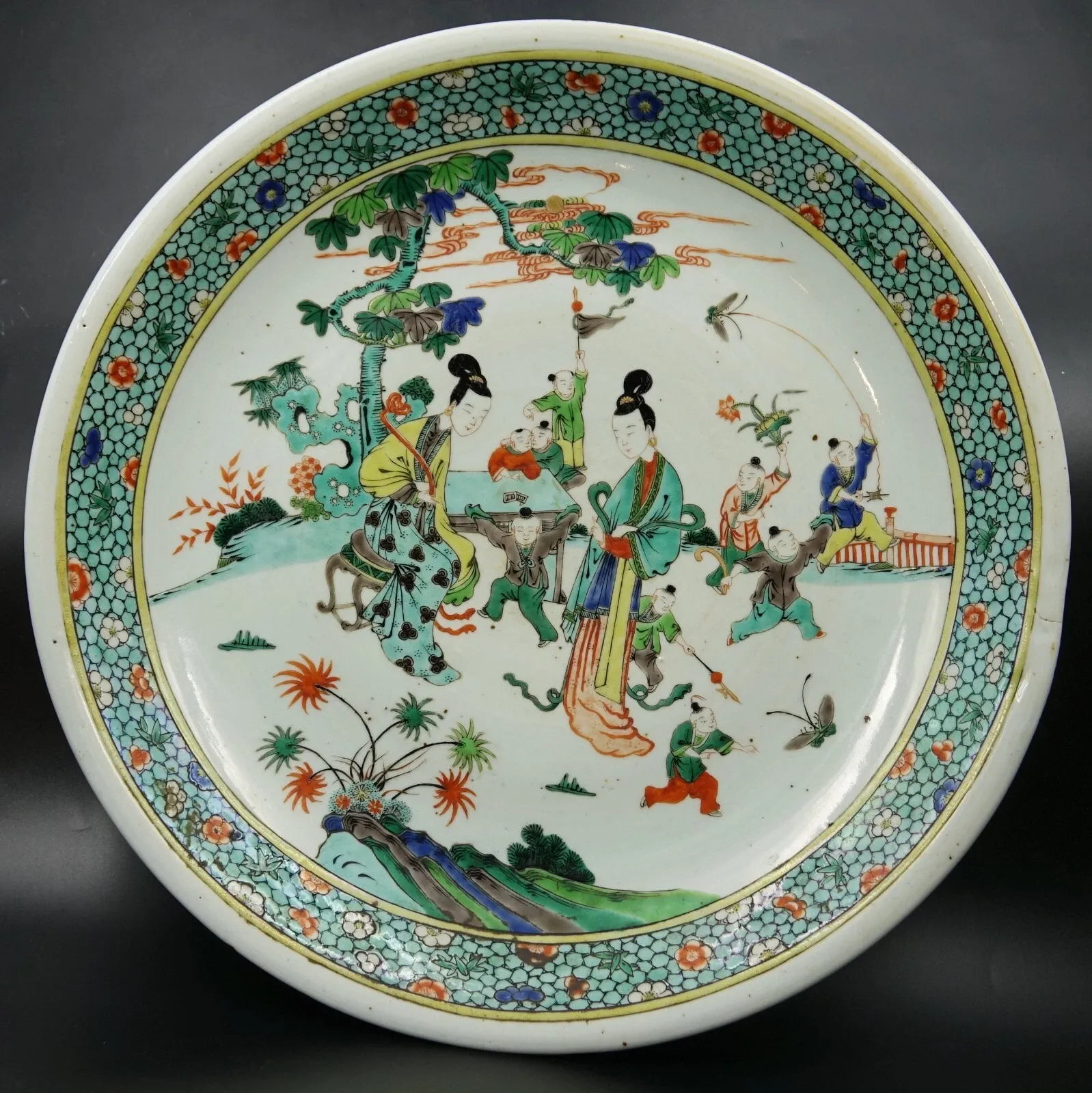 Chinese Famille Verte Style Porcelain Charger with Ladies and Boys