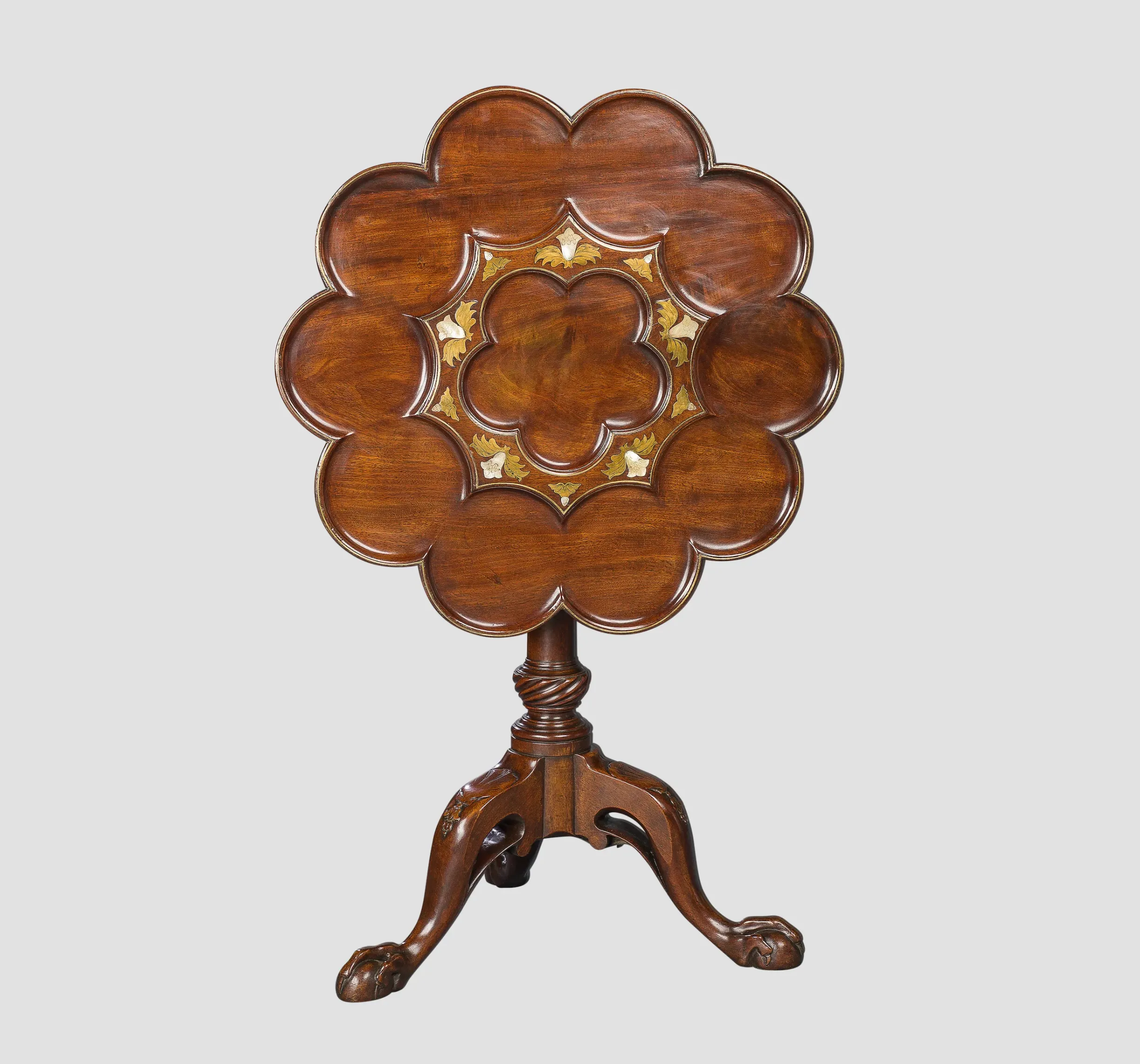 English Early Chippendale Period Mahogany and Brass-Inlaid Deca-Lobed Tilt-Top Tea Table
