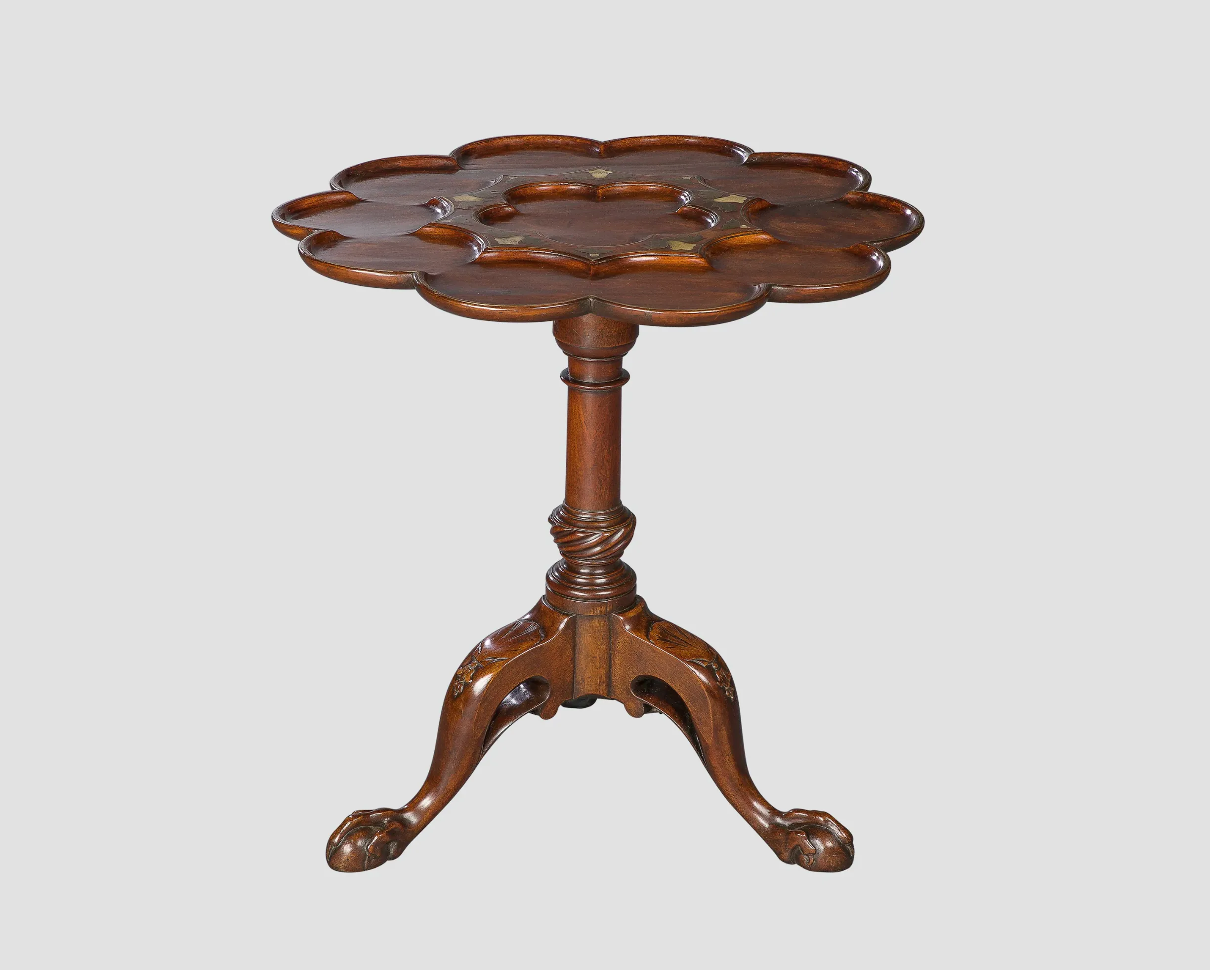 English Early Chippendale Period Mahogany and Brass-Inlaid Deca-Lobed Tilt-Top Tea Table thumbnail 2