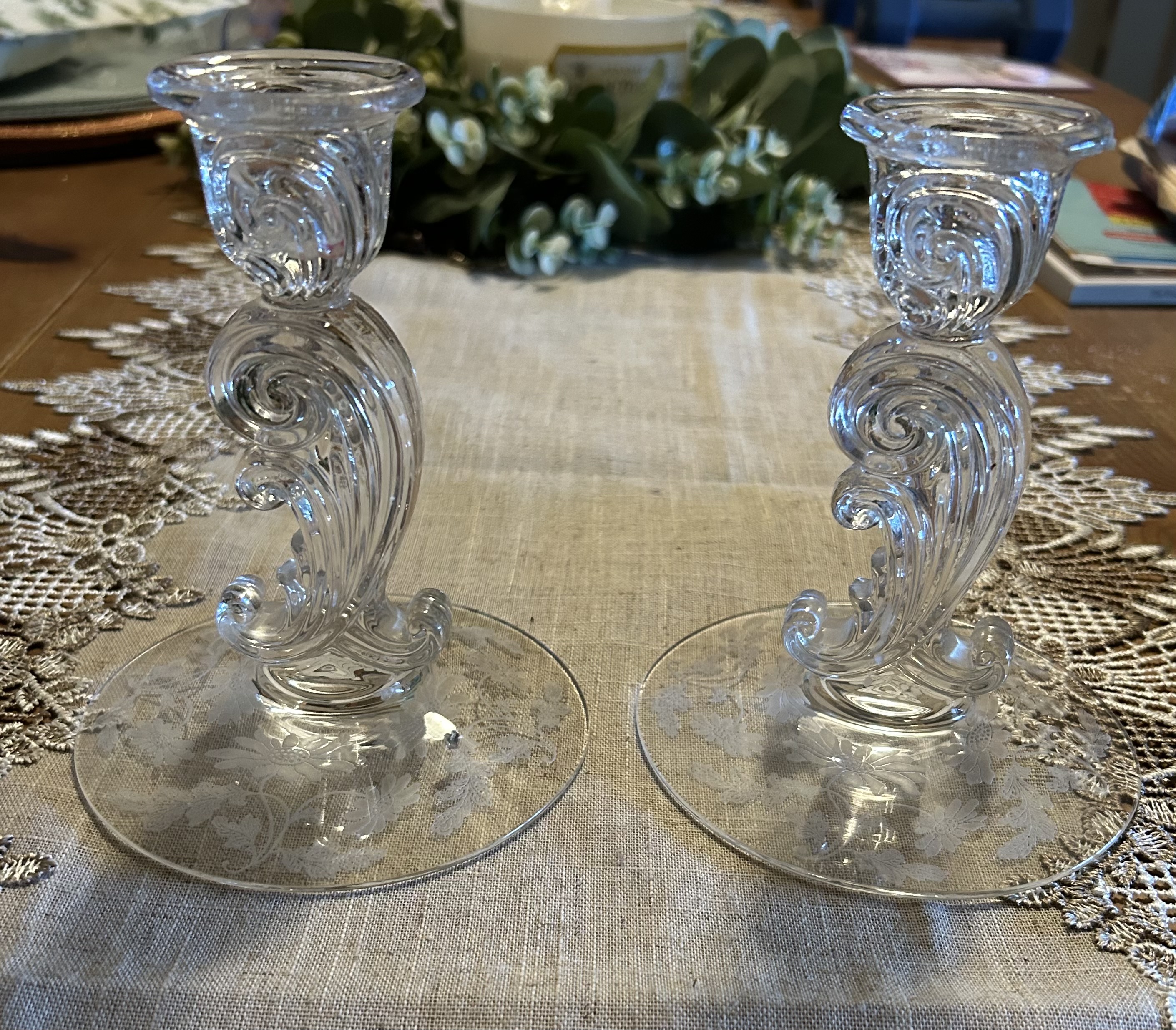 American Depression Glass Scroll Etched Candlestick Pair