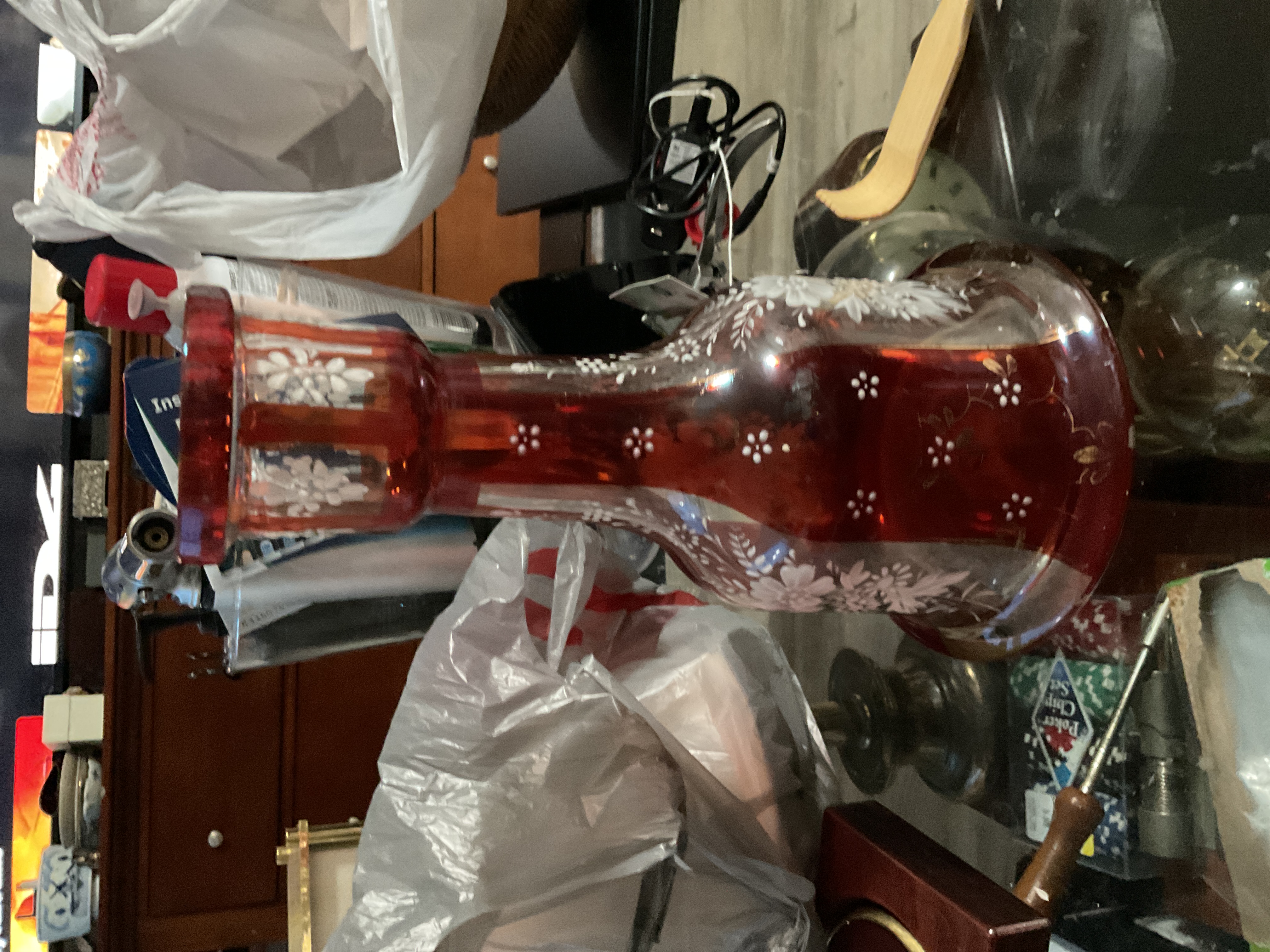 Bohemian Ruby Cut-to-Clear Floral Glass Vase