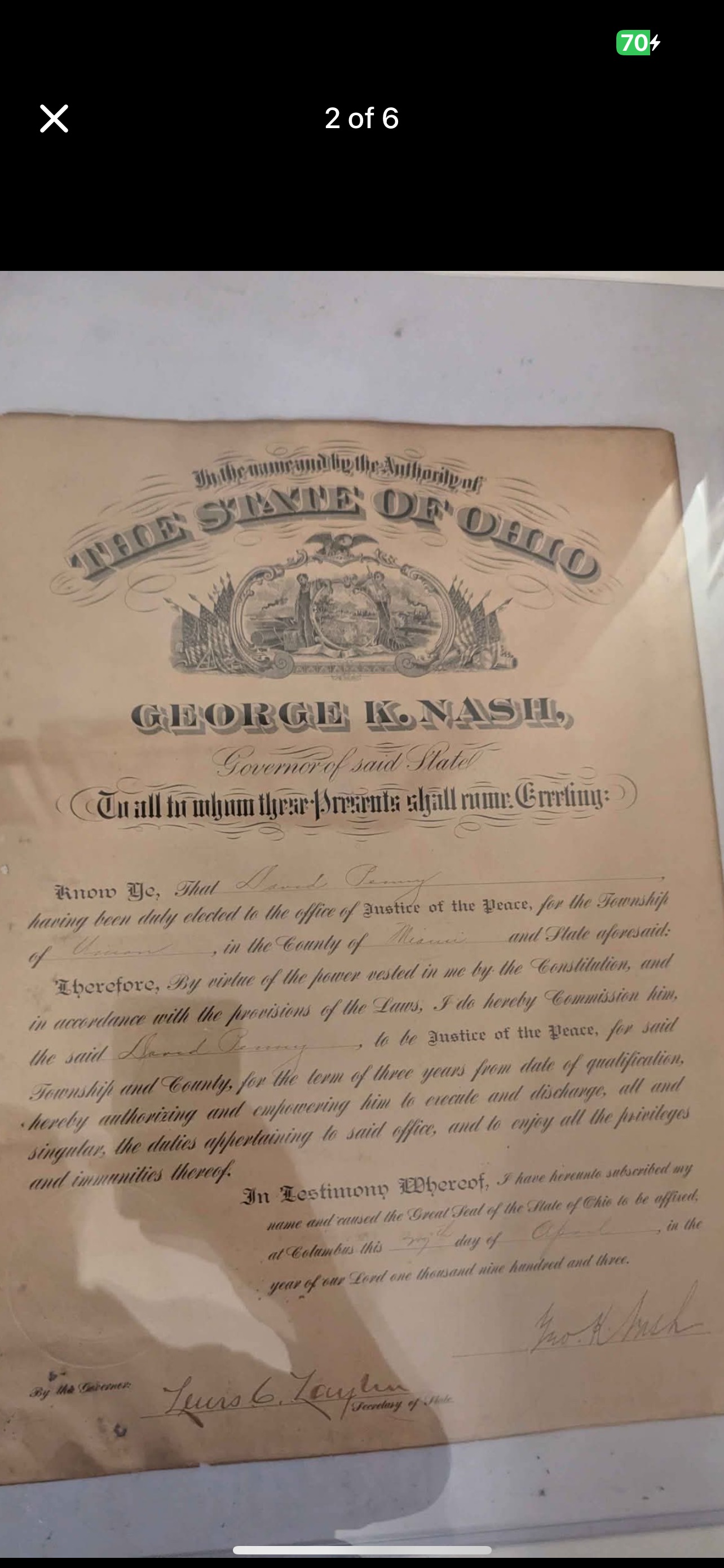 State of Ohio Gubernatorial Appointment Document (George K. Nash, 1903)