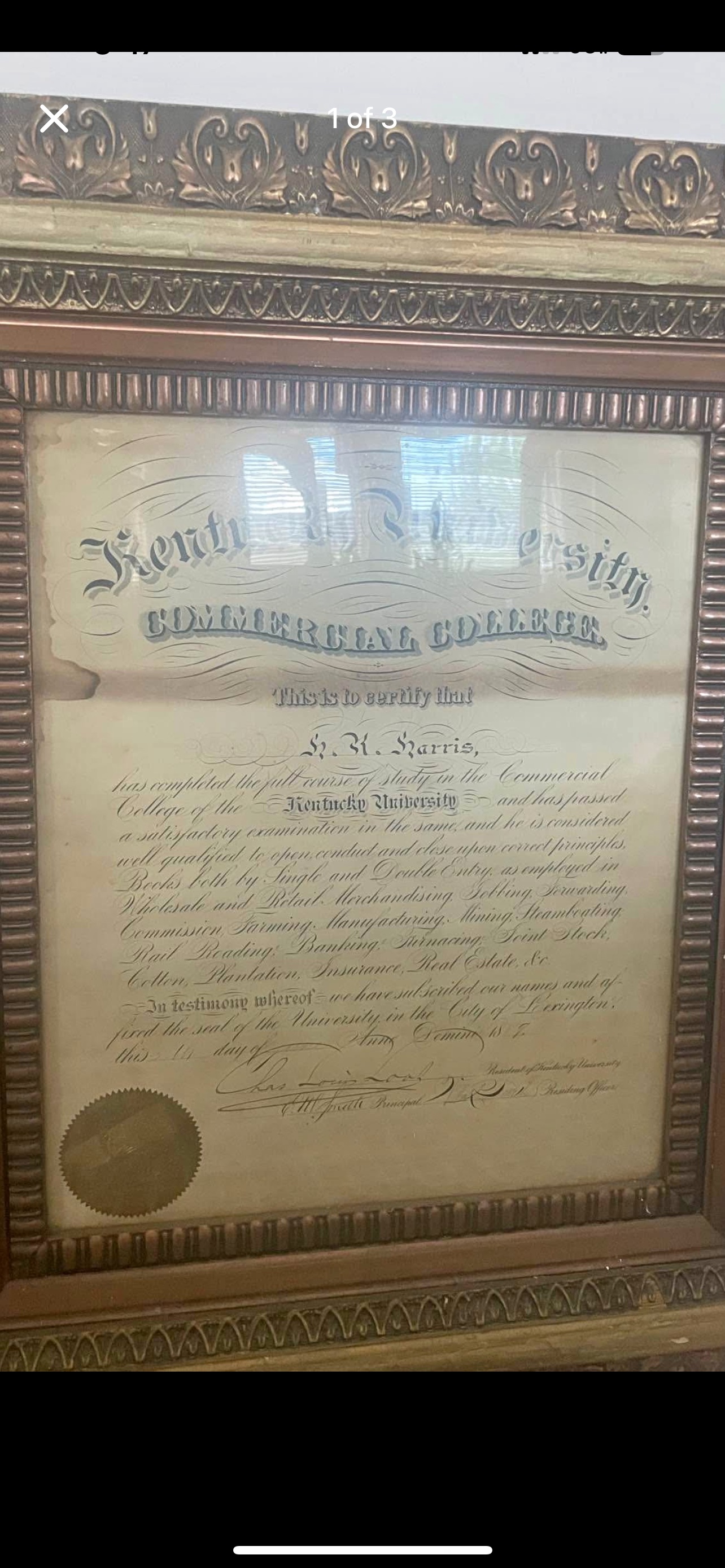 Victorian Era Kentucky University Commercial College Diploma (Framed Paper)