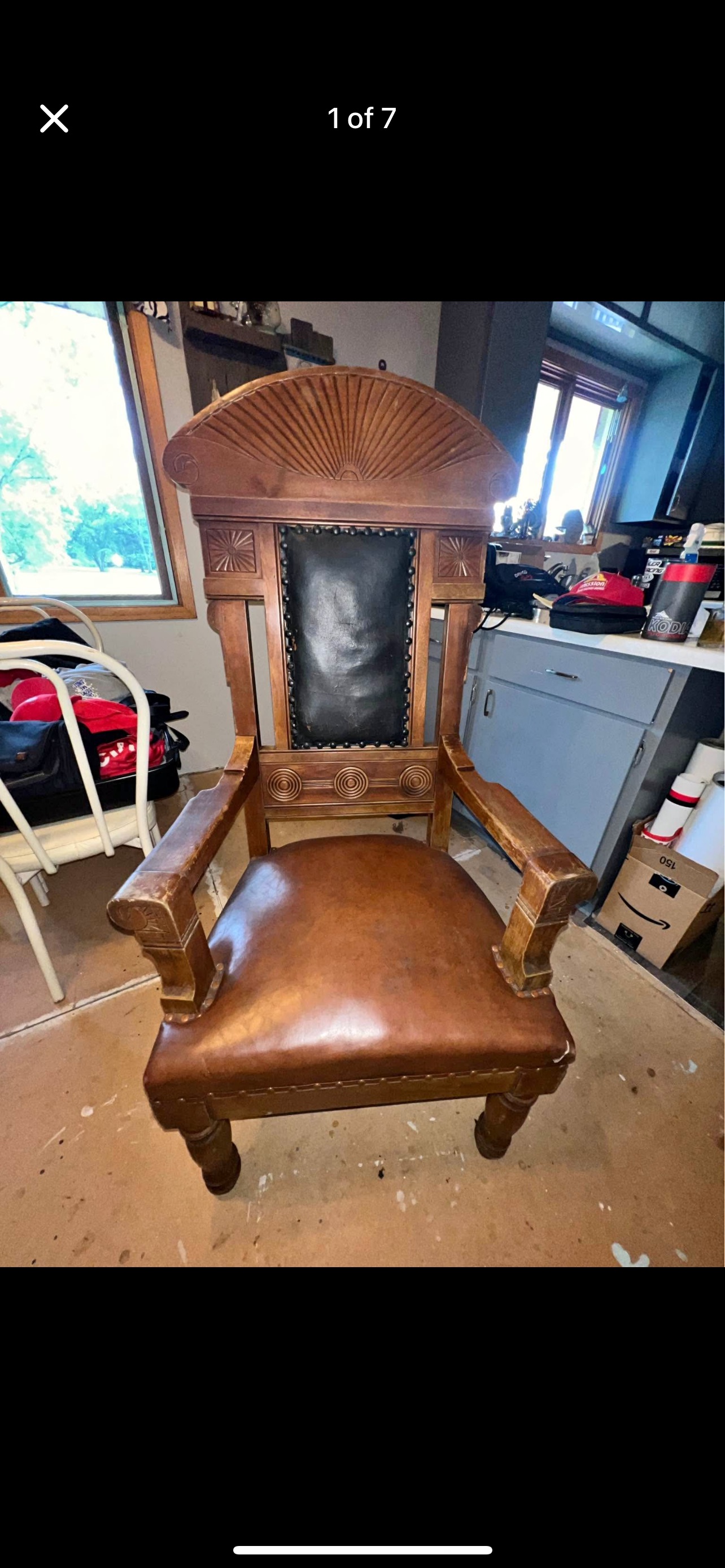 American Renaissance Revival Walnut and Leather Armchair