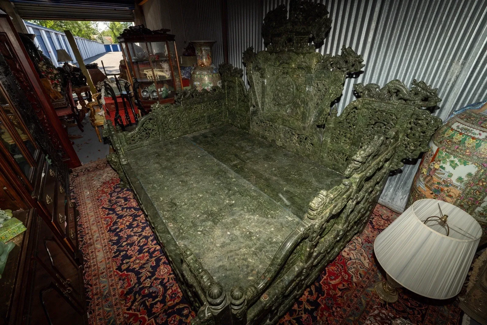 Monumental Chinese Carved Jadeite or Hardstone Dragon Bed thumbnail 4