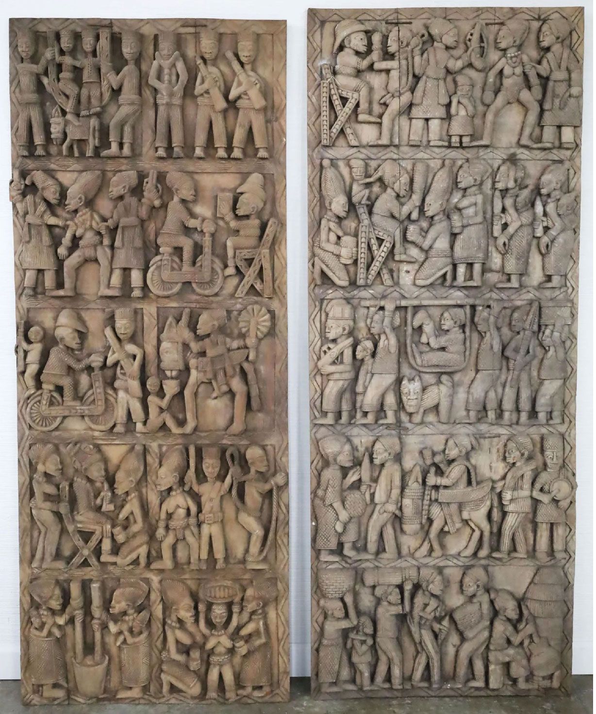 Pair of African Yoruba Carved Hardwood Narrative Door Panels
